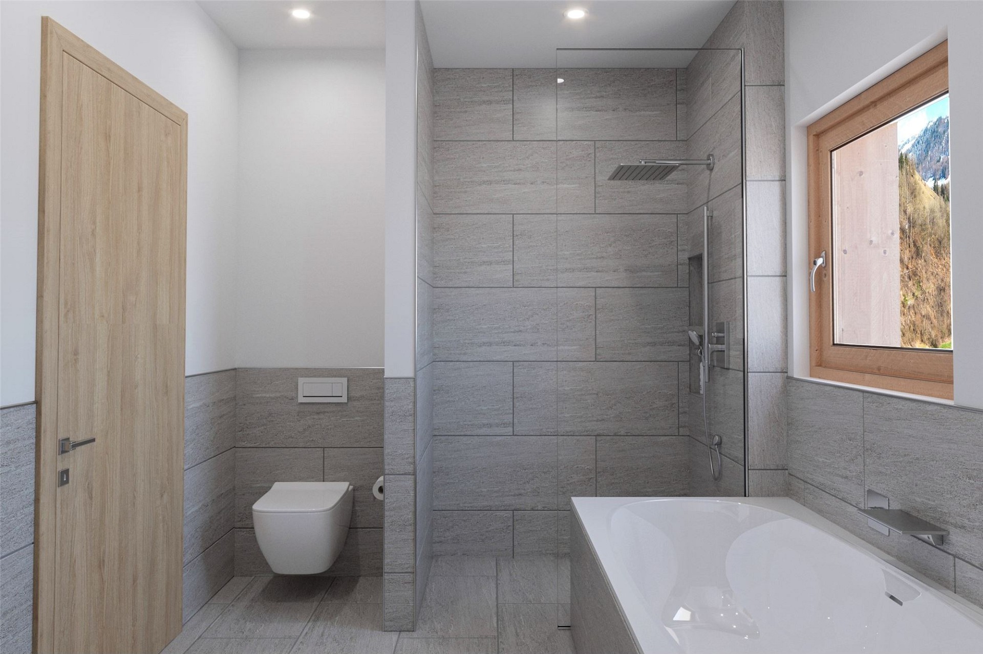 Modernes Badezimmer mit Dusche, Wanne und WC