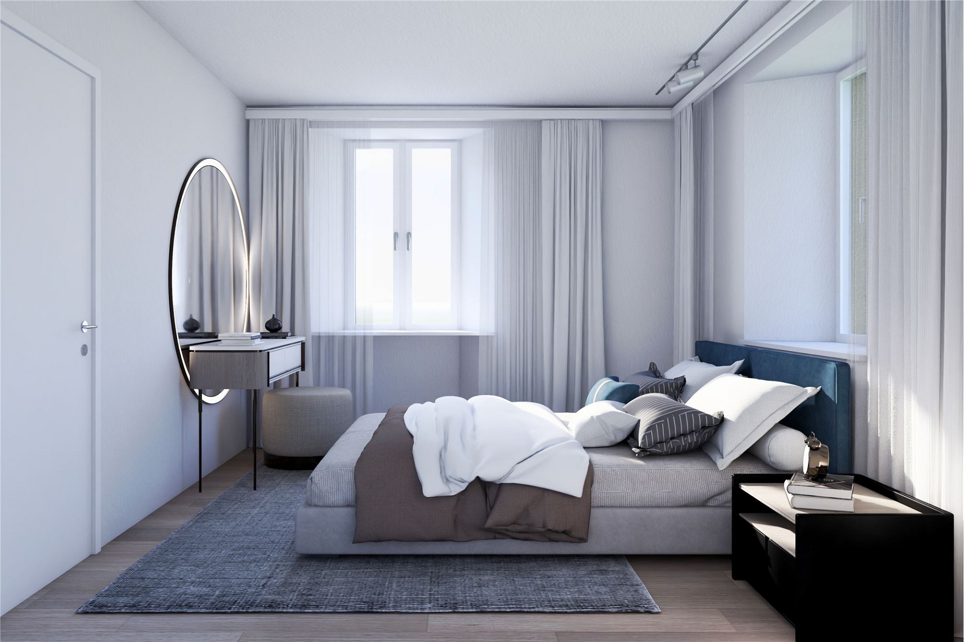 Helles, modernes Schlafzimmer mit Ankleidebereich