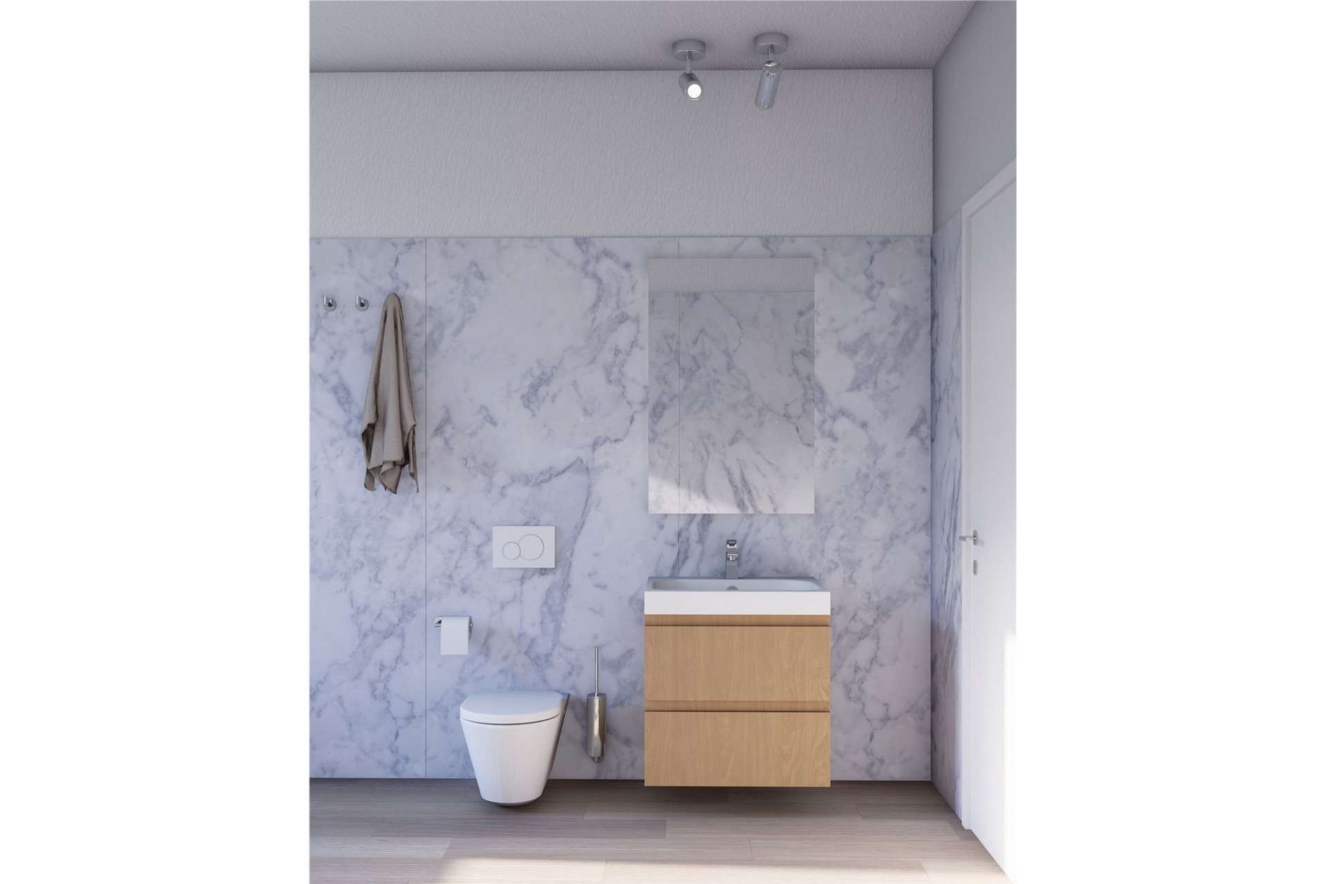 Modernes Gäste-WC mit Marmoroptik und Holzwaschtisch