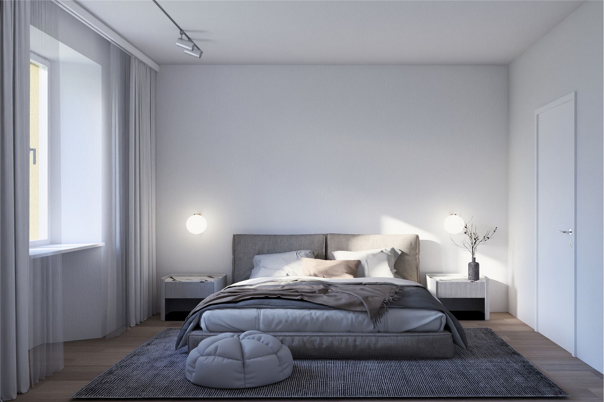 Helles, minimalistisches Schlafzimmer mit Doppelbett