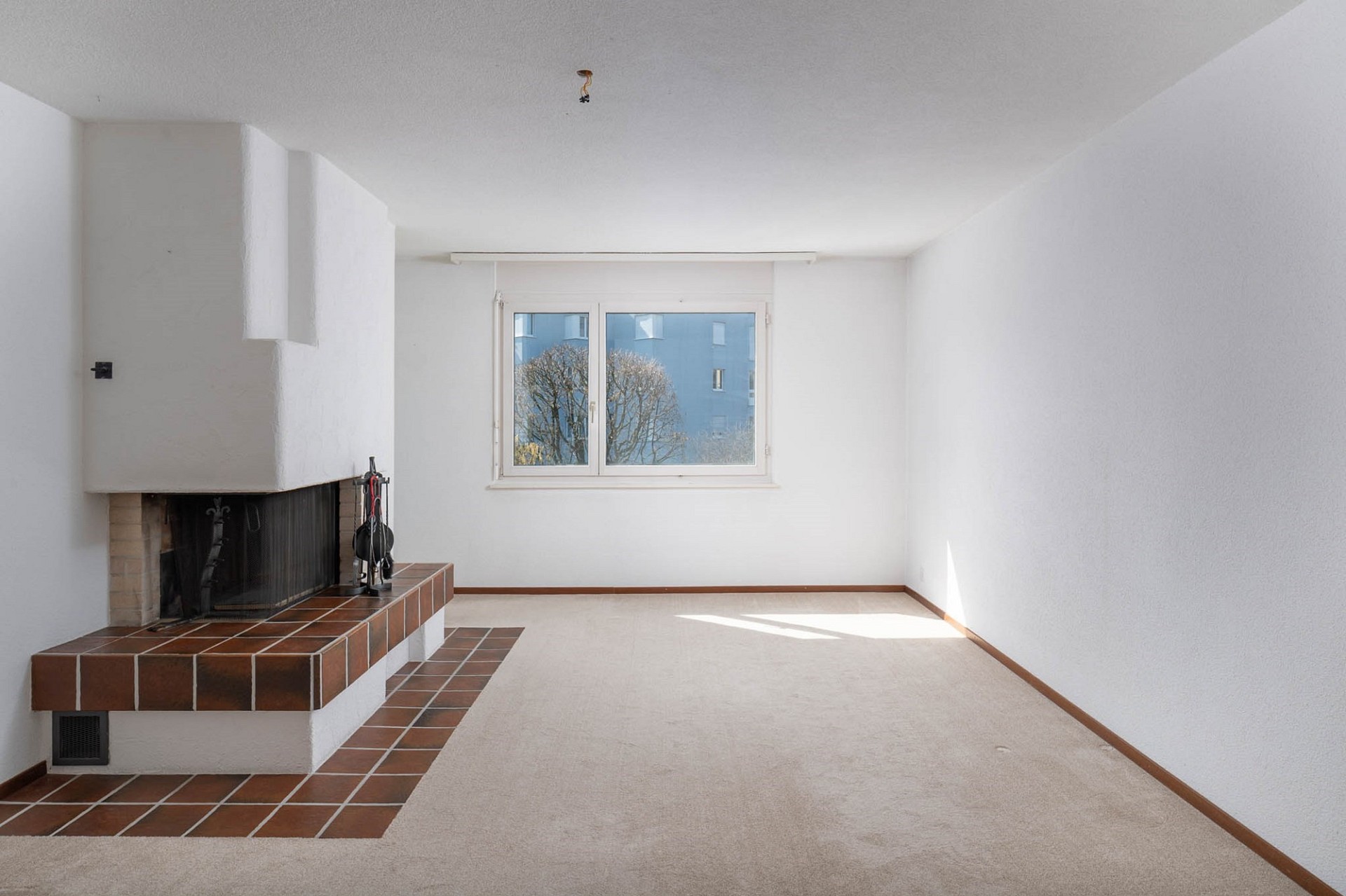 Heller Wohnraum mit Kamin und Teppichboden