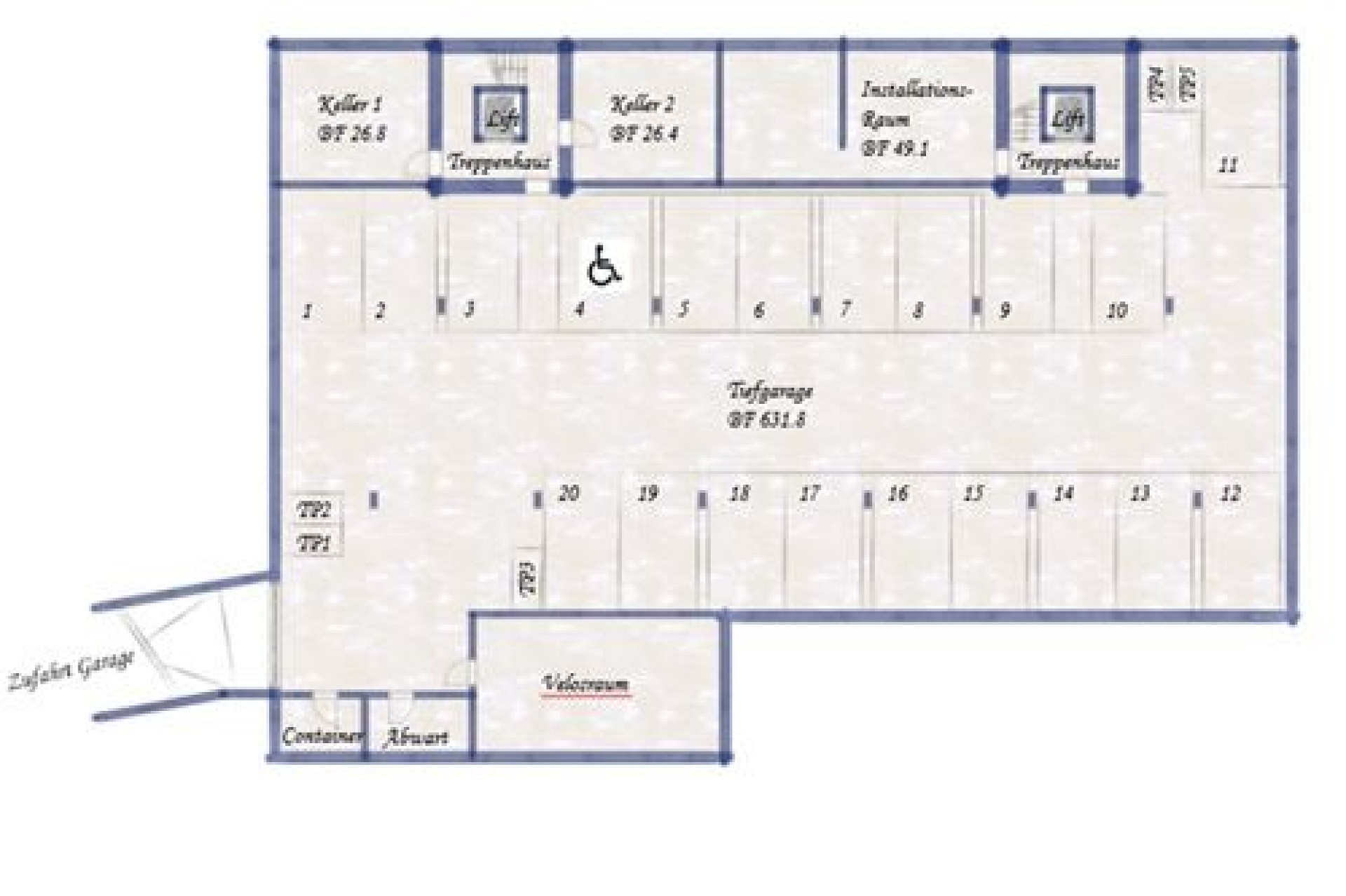 Grundriss mit Keller- und Tiefgaragenbereichen