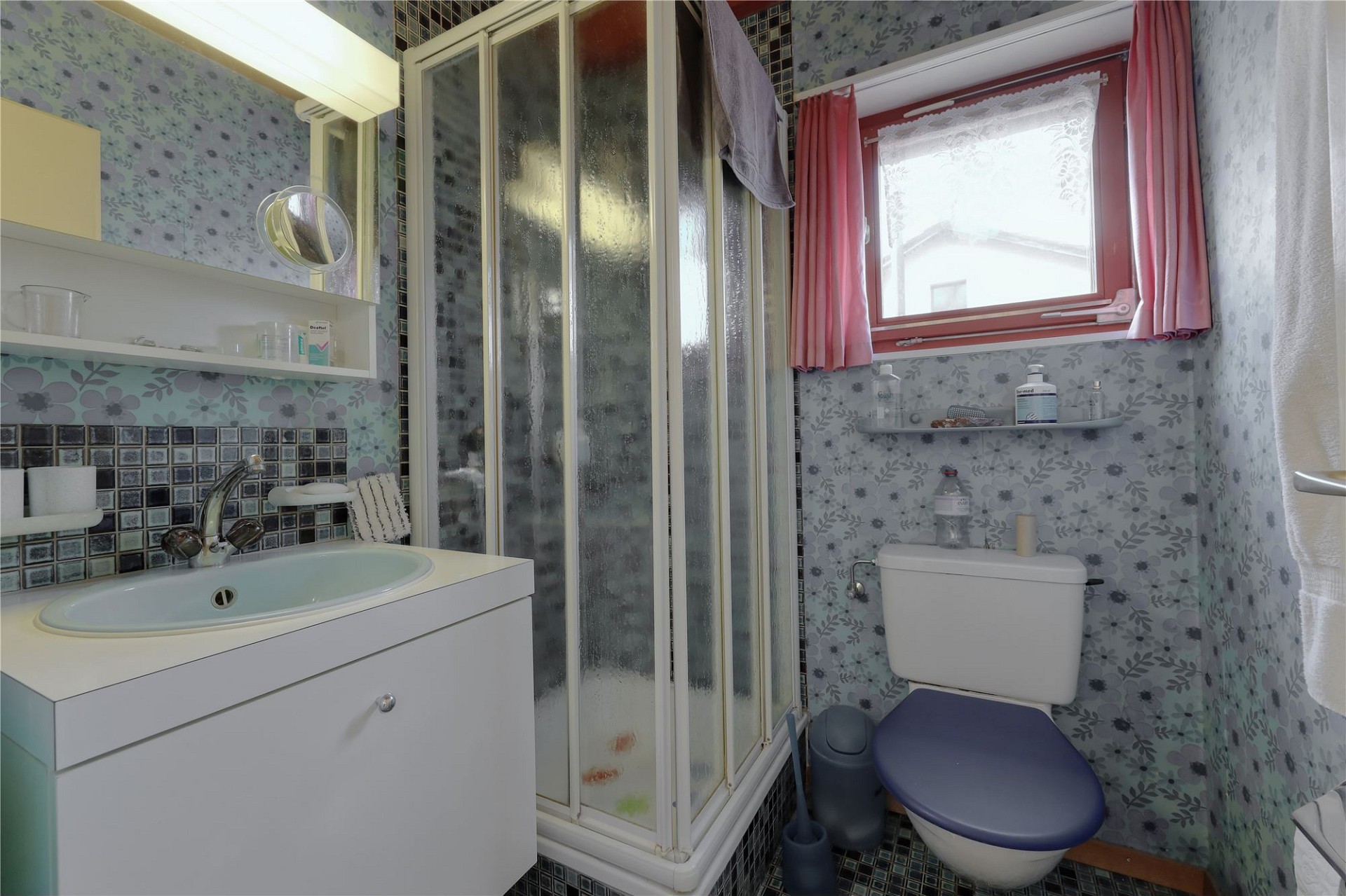 Kleines Badezimmer mit Dusche, WC und Waschtisch
