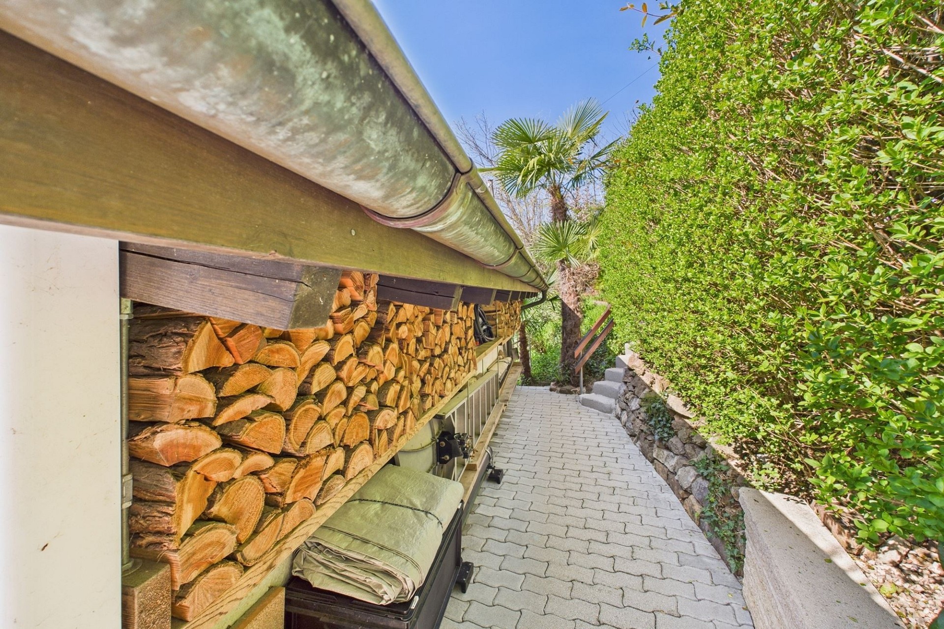 Außenbereich mit Holzlager und Gartenweg
