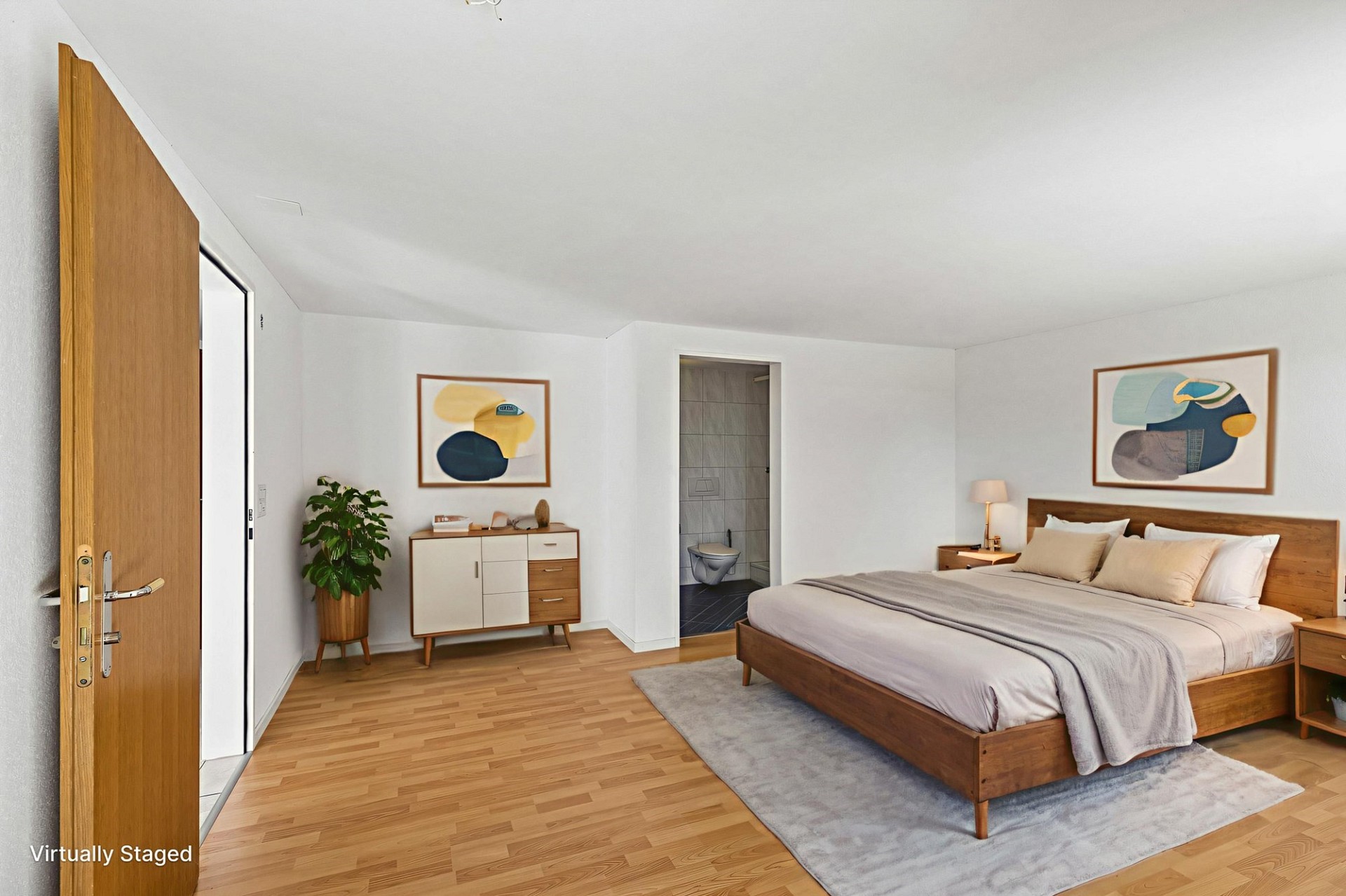 Virtuell gestagtes Schlafzimmer mit Badzugang