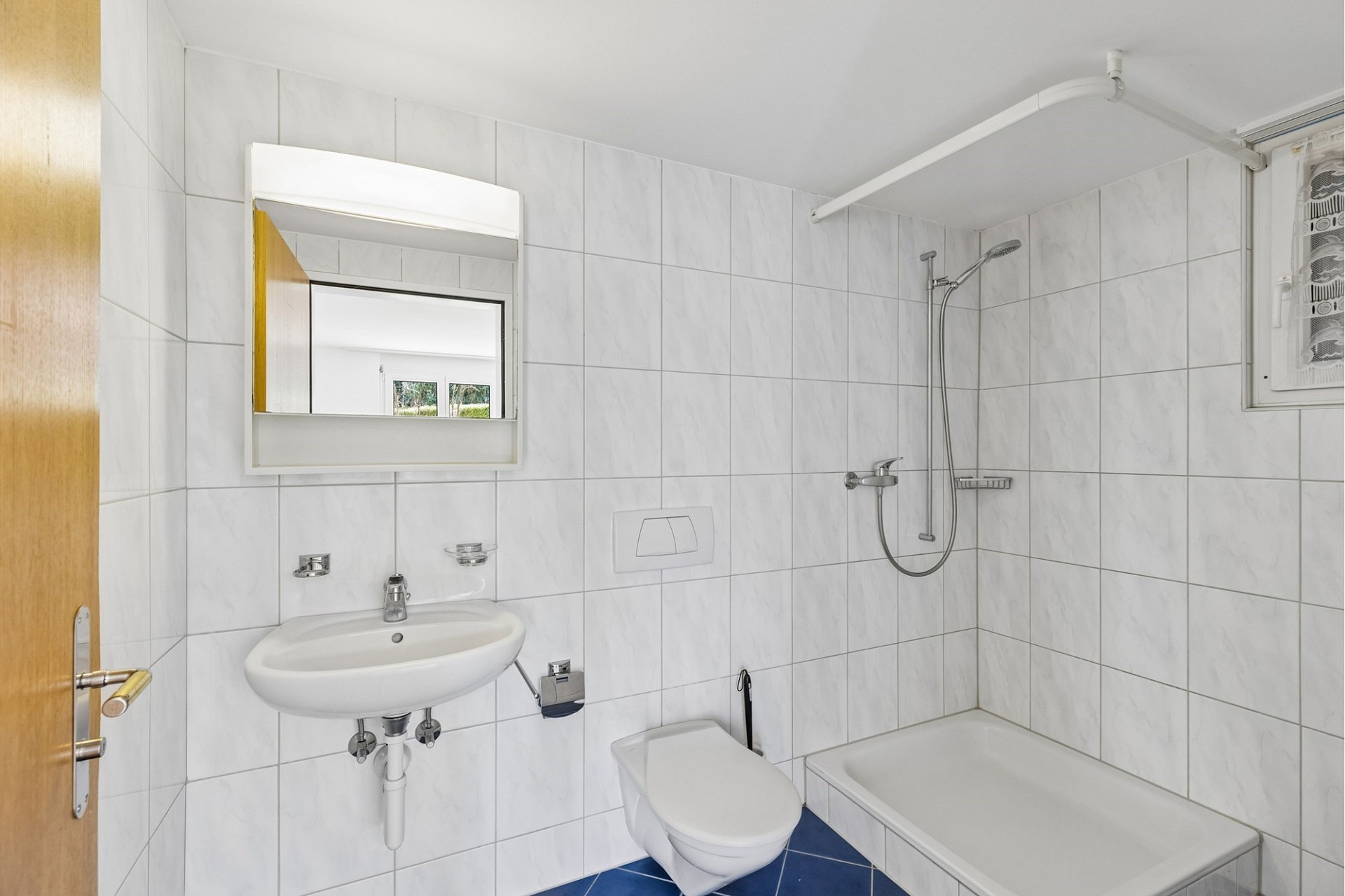 Kleines weiß gefliestes Badezimmer mit Dusche und WC