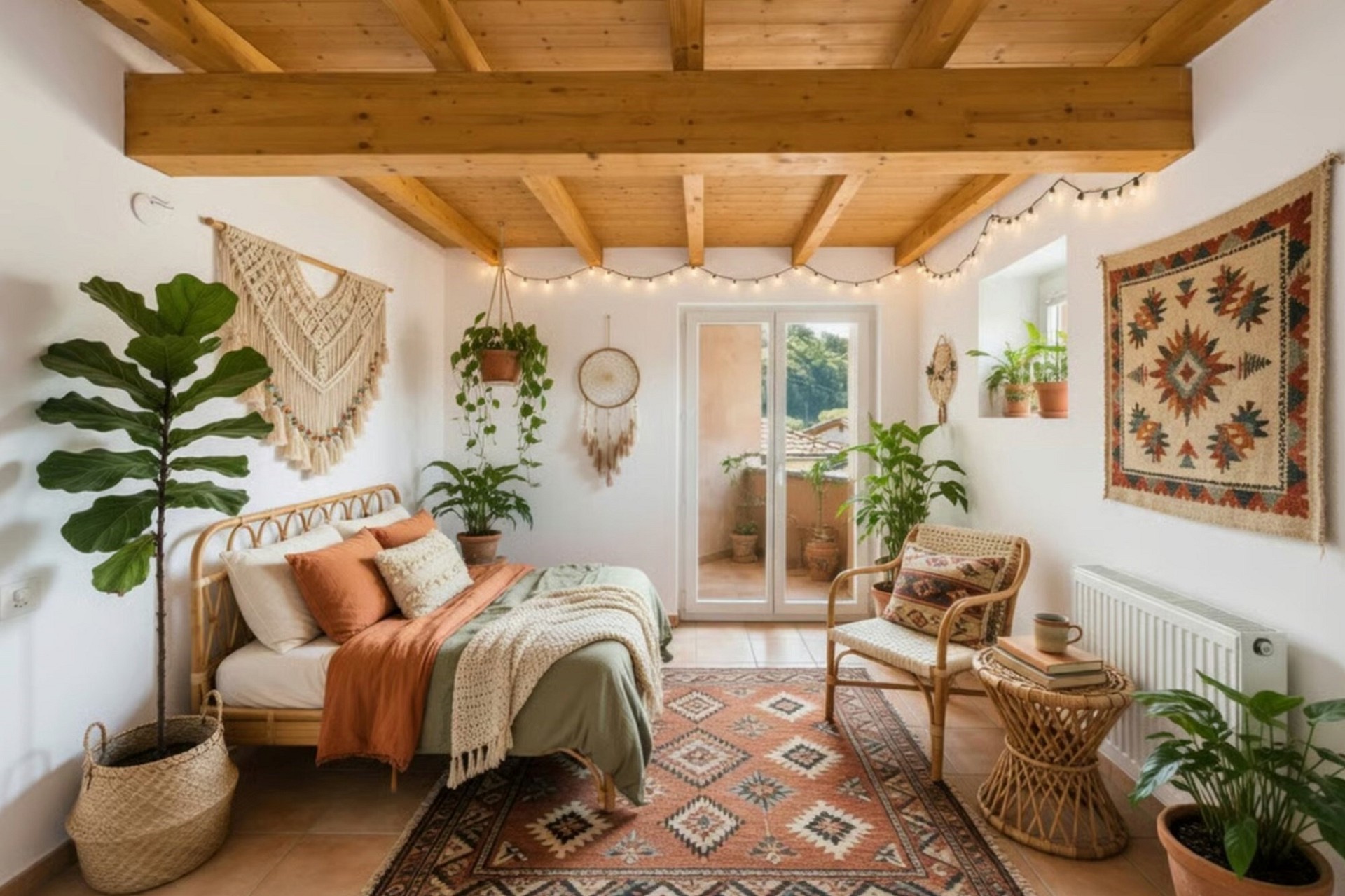Boho-Schlafzimmer mit Pflanzen und Balkonzugang