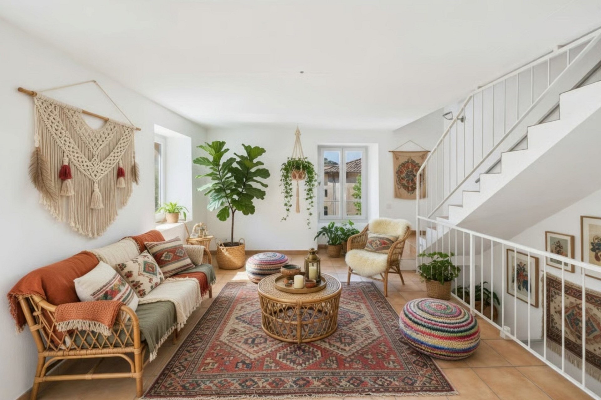 Gemütliches Boho-Wohnzimmer mit Treppe