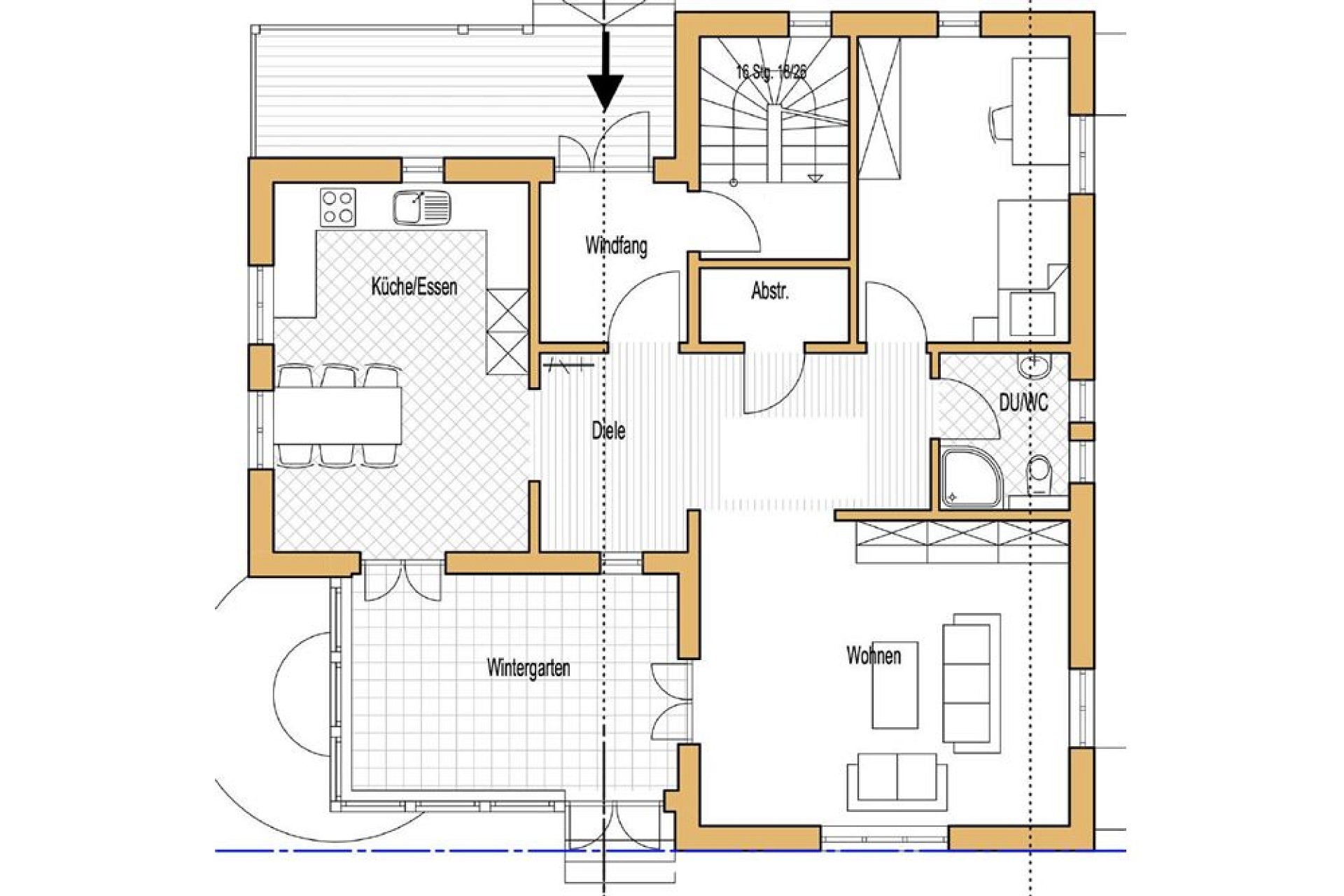 Grundriss eines Wohnhauses mit Wintergarten