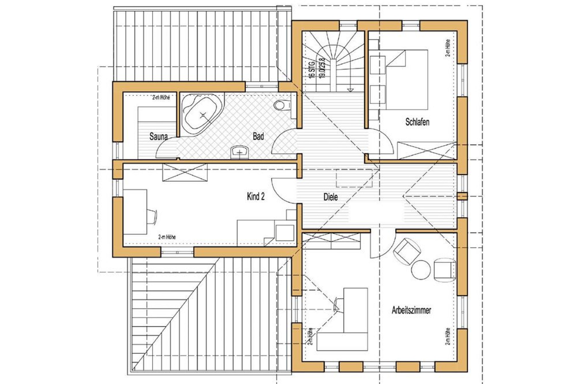 Grundriss eines Dachgeschosses mit Sauna, Bad, Schlafzimmer, Kinderzimmer, Flur und Arbeitszimmer