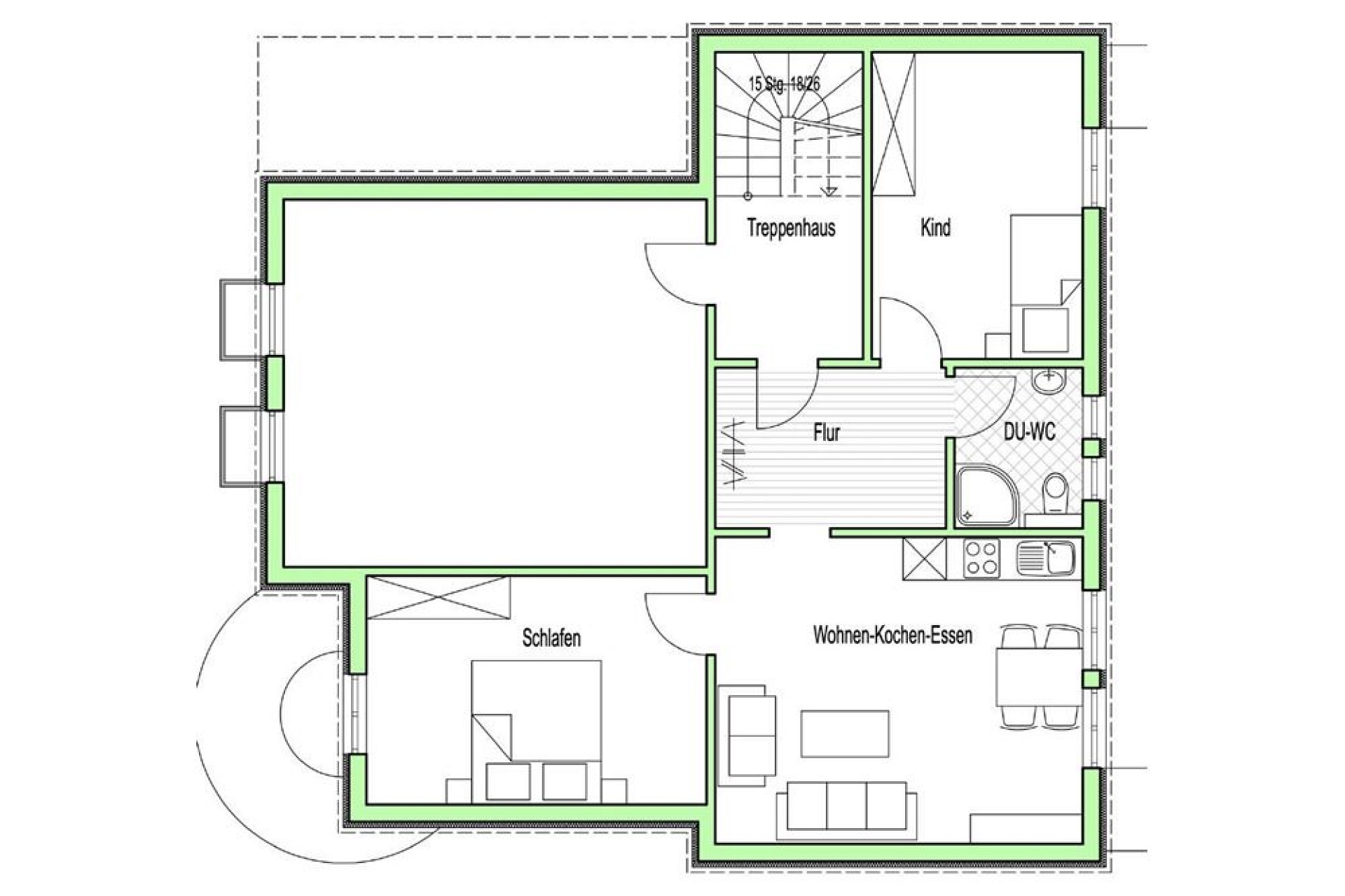 Grundriss einer Wohnung mit Schlafen, Wohnen-Kochen-Essen, DU-WC, Flur, Treppe und Kinderzimmer