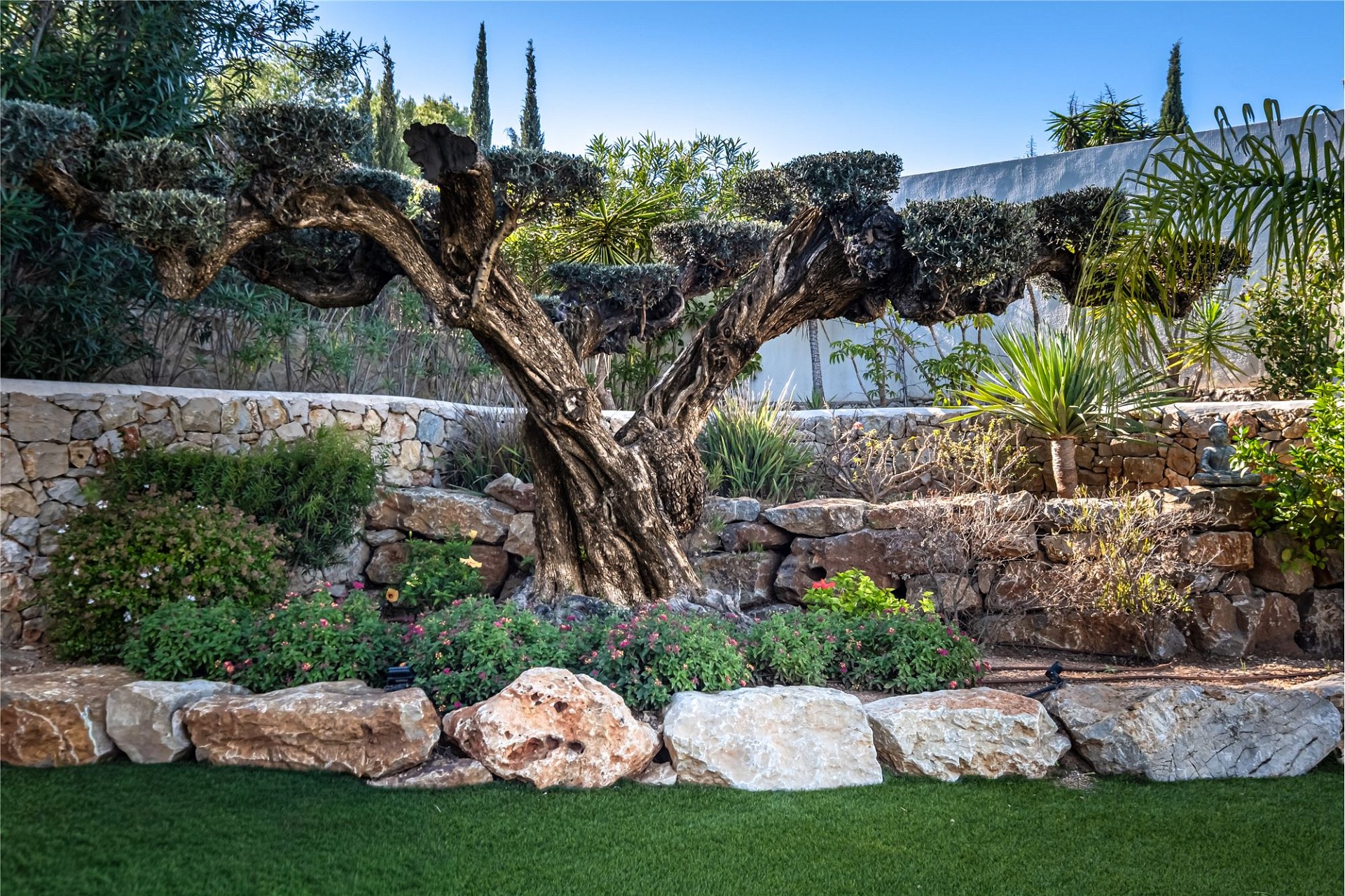 Mediterrane Gartenanlage mit Steineinfassungen