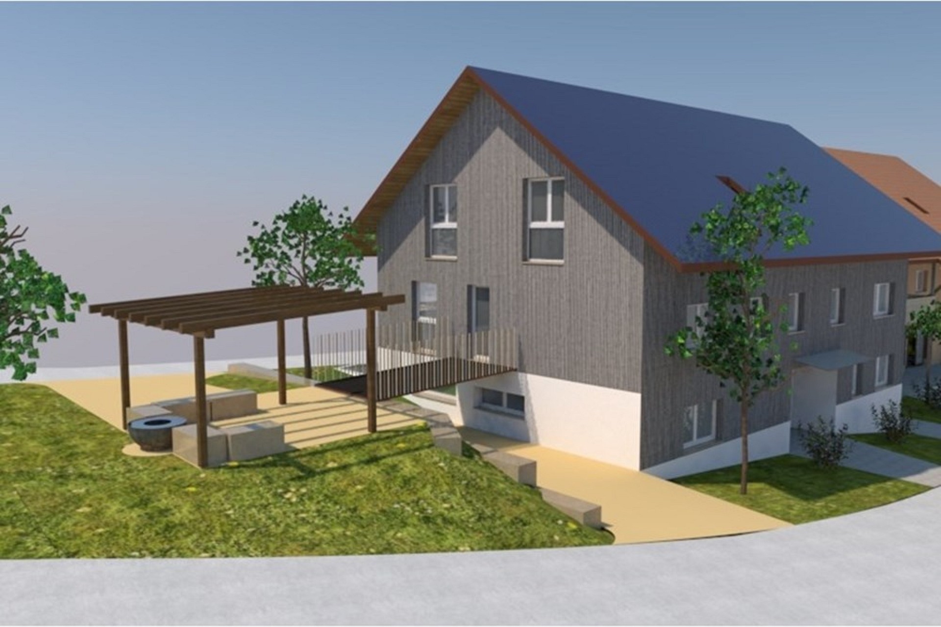 Modernes Haus mit Garten und Pergola