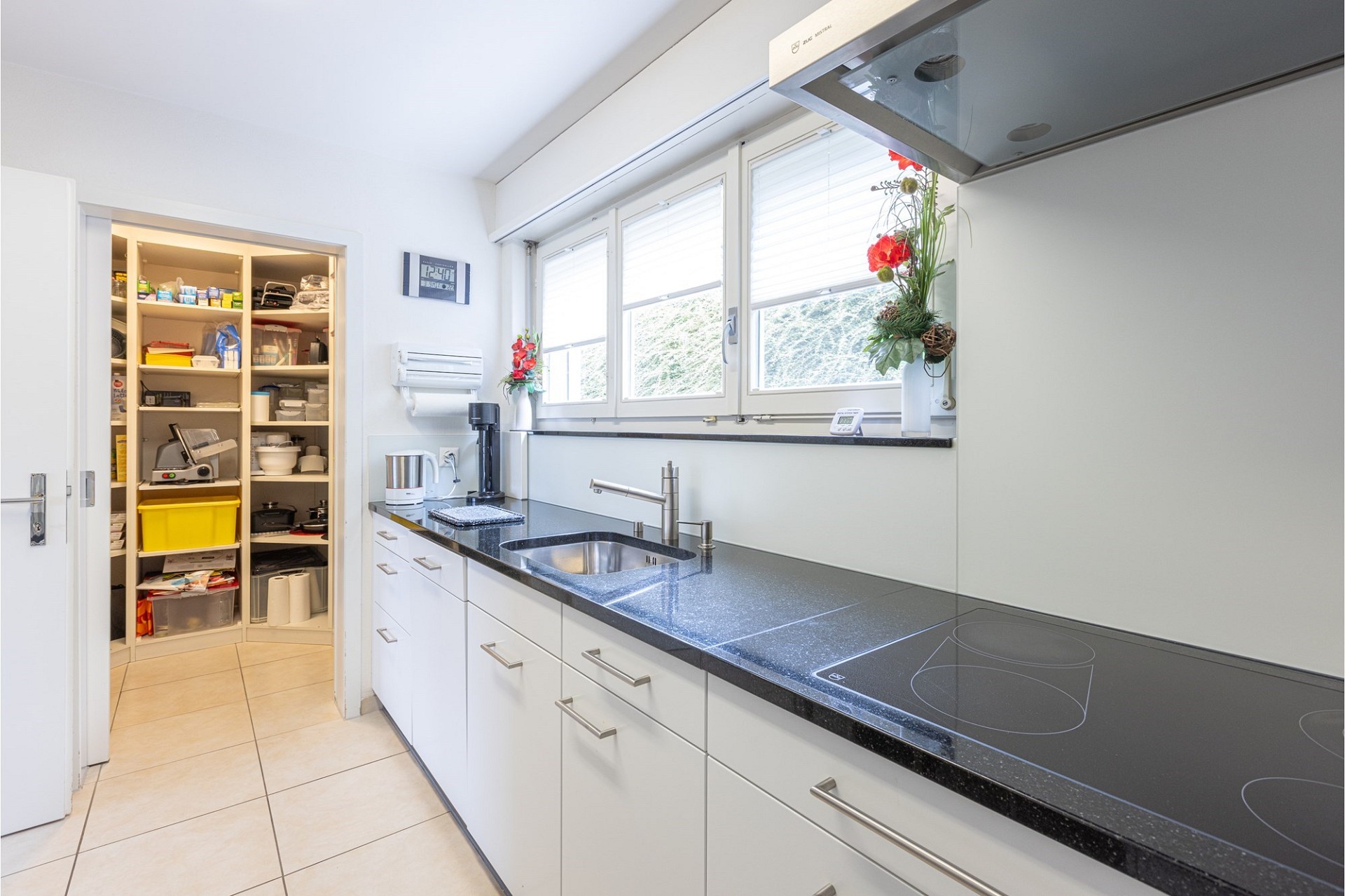 Moderne helle Küche mit Arbeitsfläche am Fenster