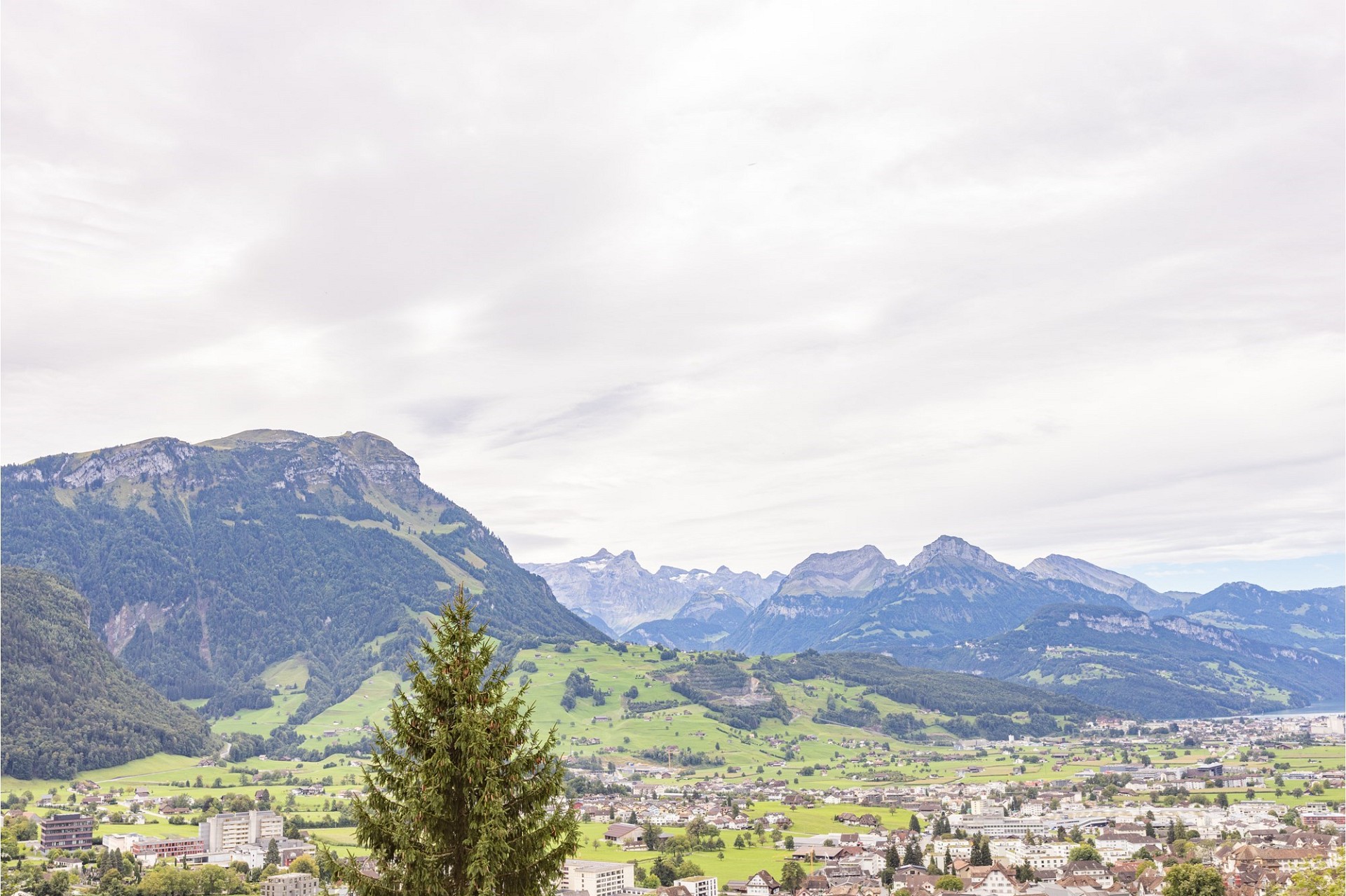 Alpenpanorama über Tal und Stadt