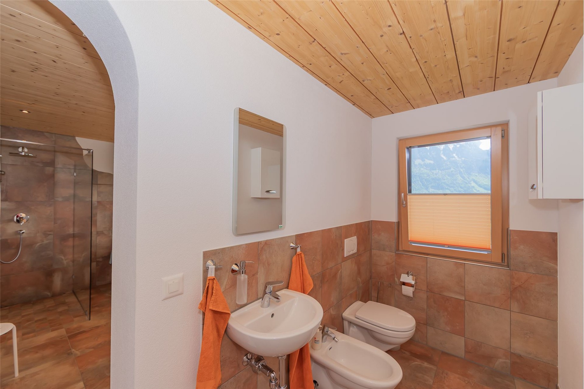 Modernes Badezimmer mit Holzdecke und Bergblick