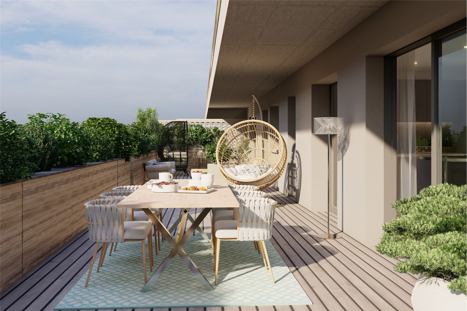 Großzügige Dachterrasse mit Essbereich und Loungemöbeln