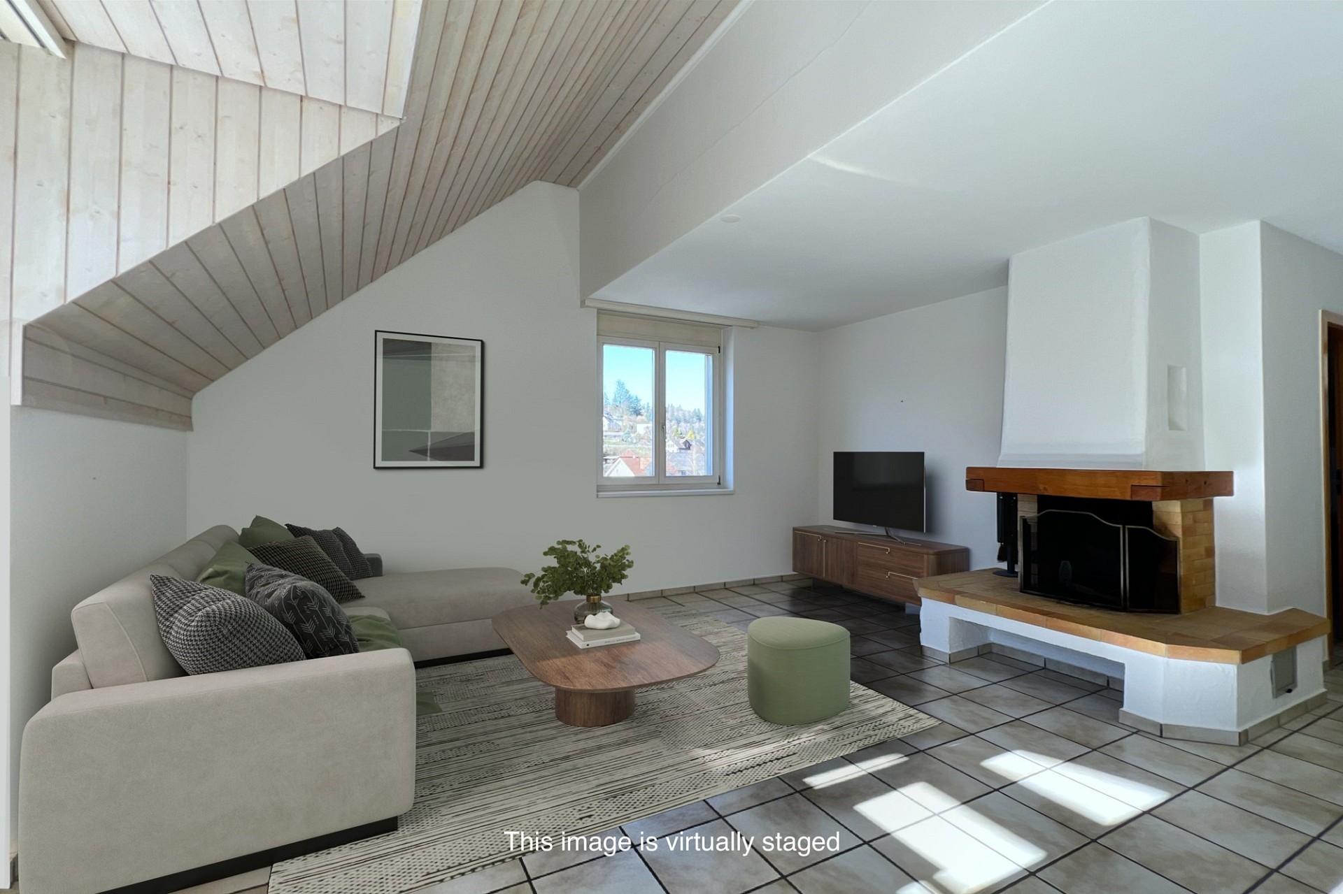 Virtuell gestyltes Wohnzimmer mit Kamin