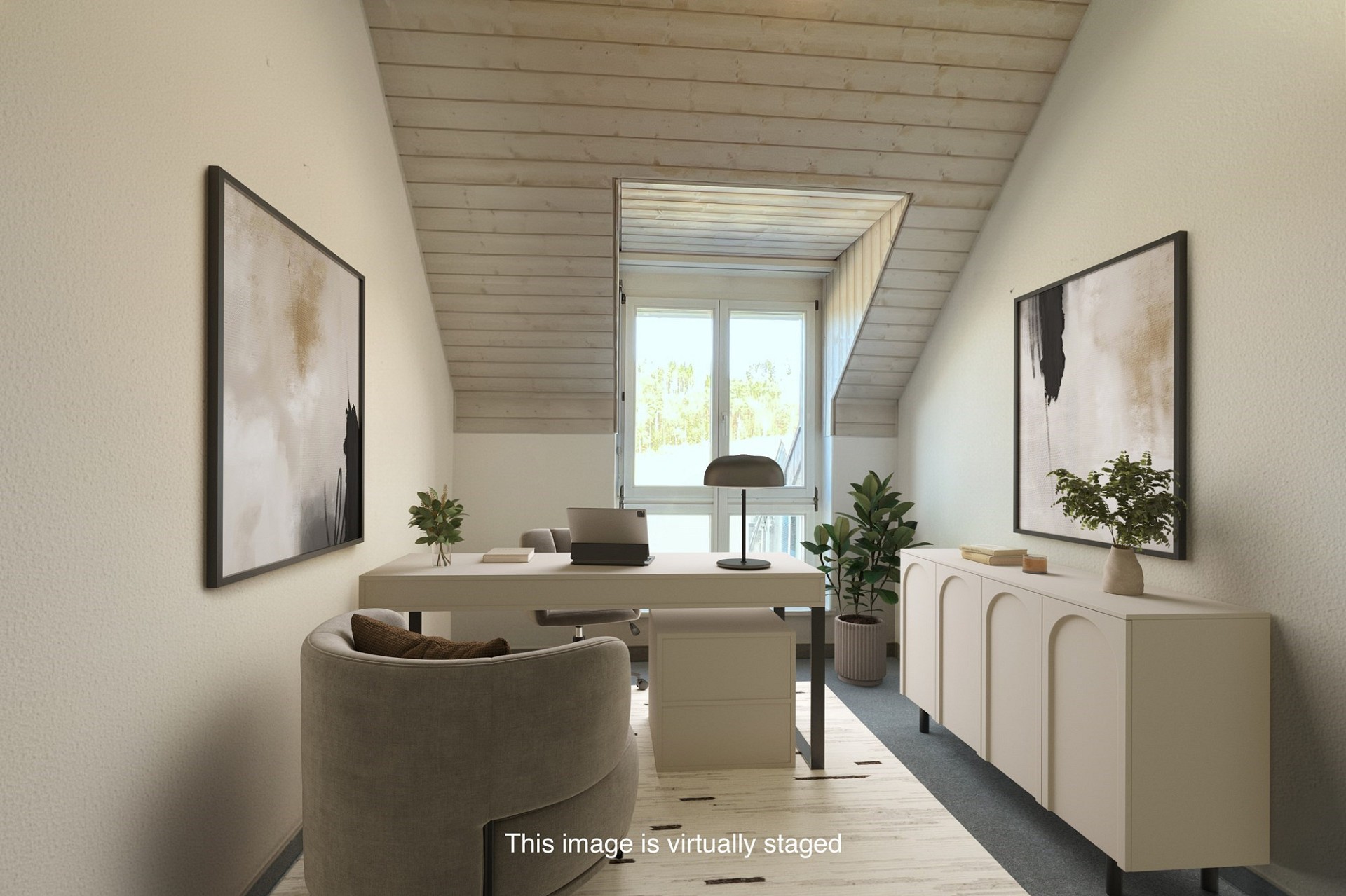 Virtuell inszeniertes Homeoffice im Dachgeschoss