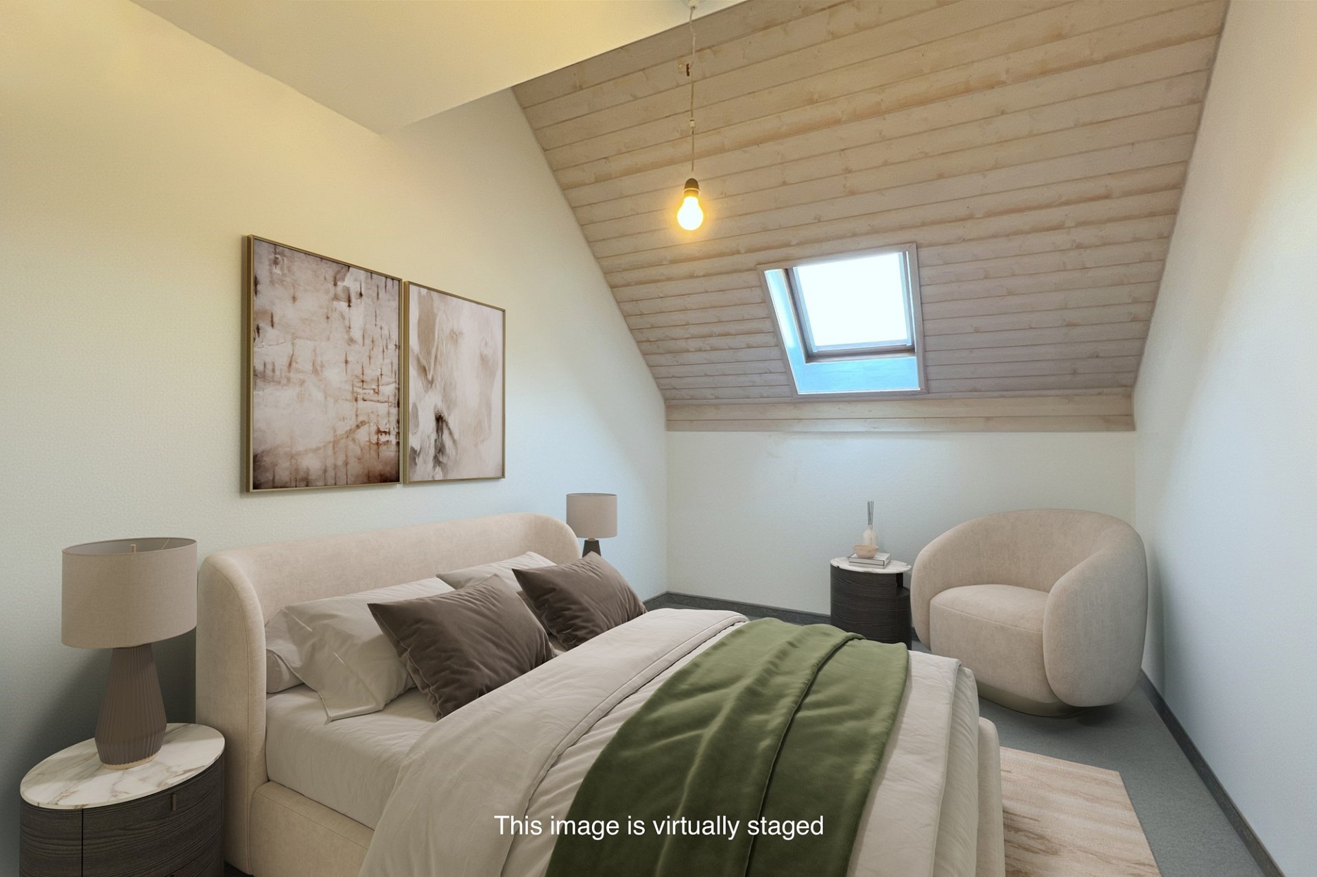 Virtuell gestagtes Schlafzimmer unter Dachschräge