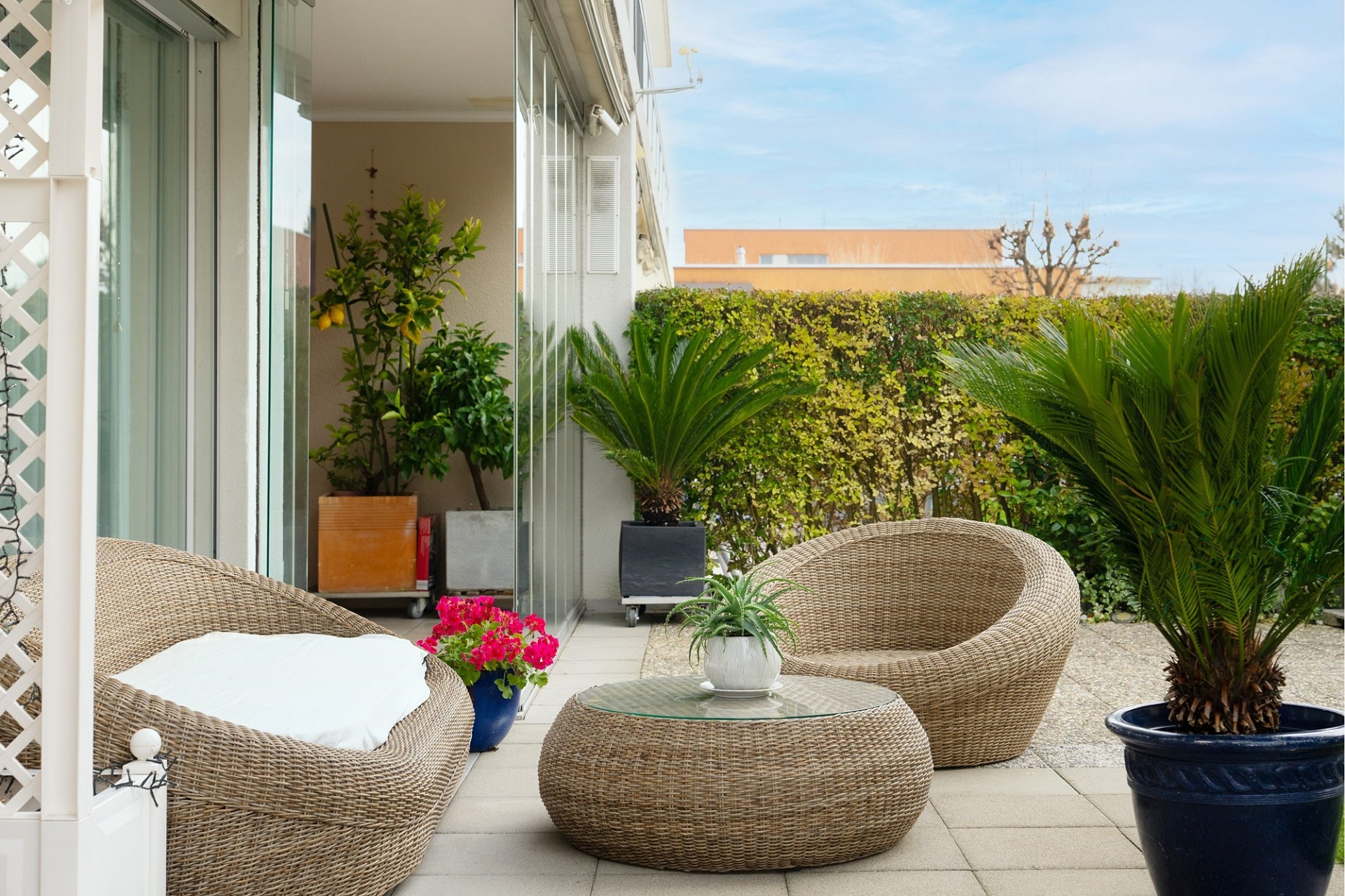 Gemütliche Dachterrasse mit Lounge-Möbeln und Pflanzen