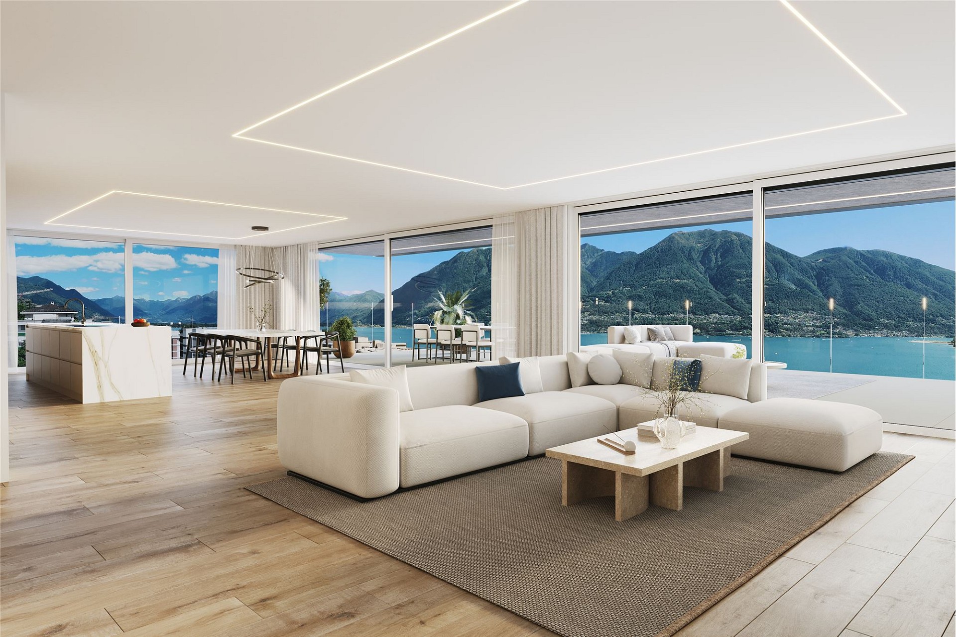 Luxuriöses Wohn-Esszimmer mit Panoramablick