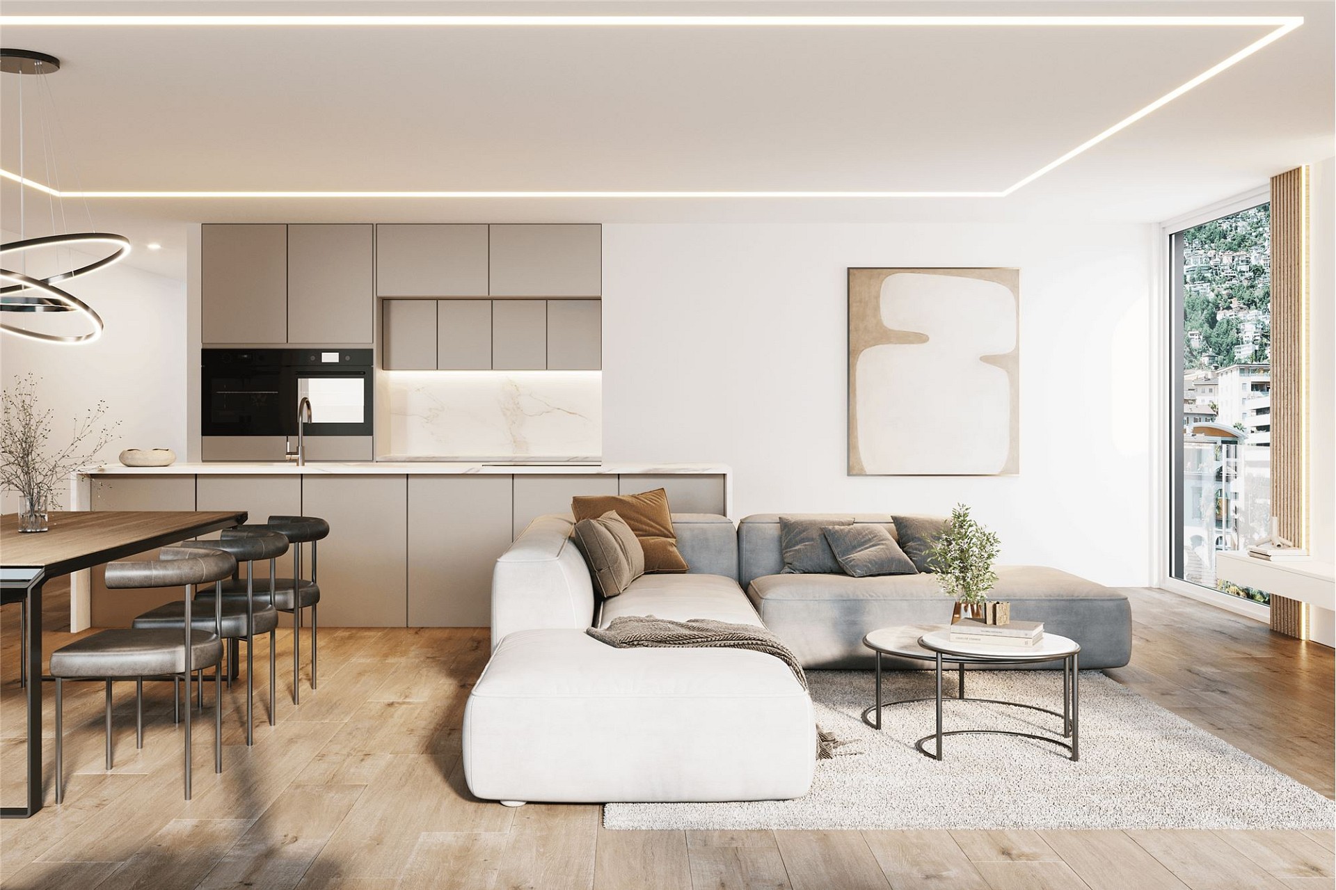 Modernes offenes Wohn-Esszimmer mit Küche