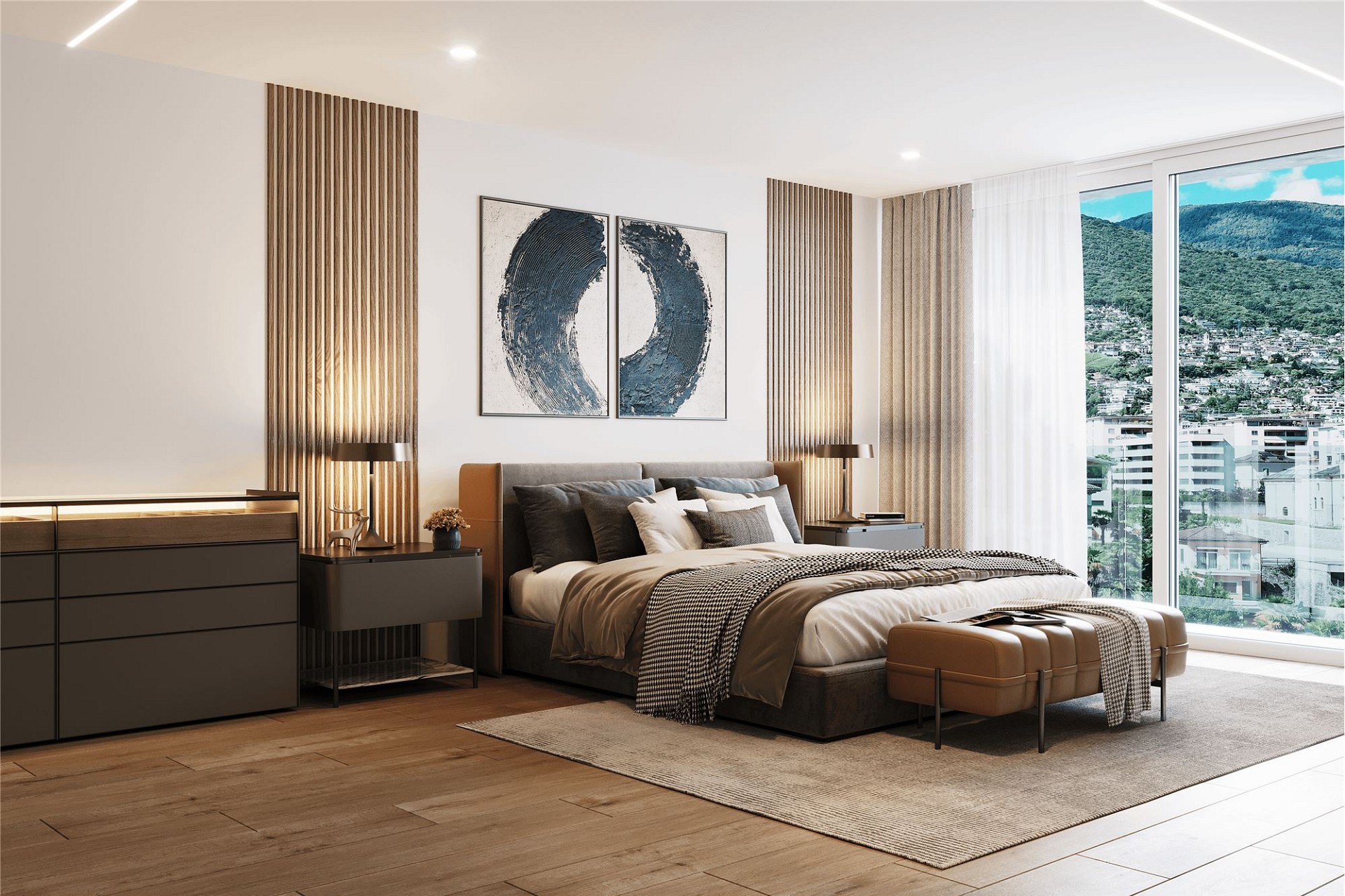 Modernes Schlafzimmer mit Panoramafenster