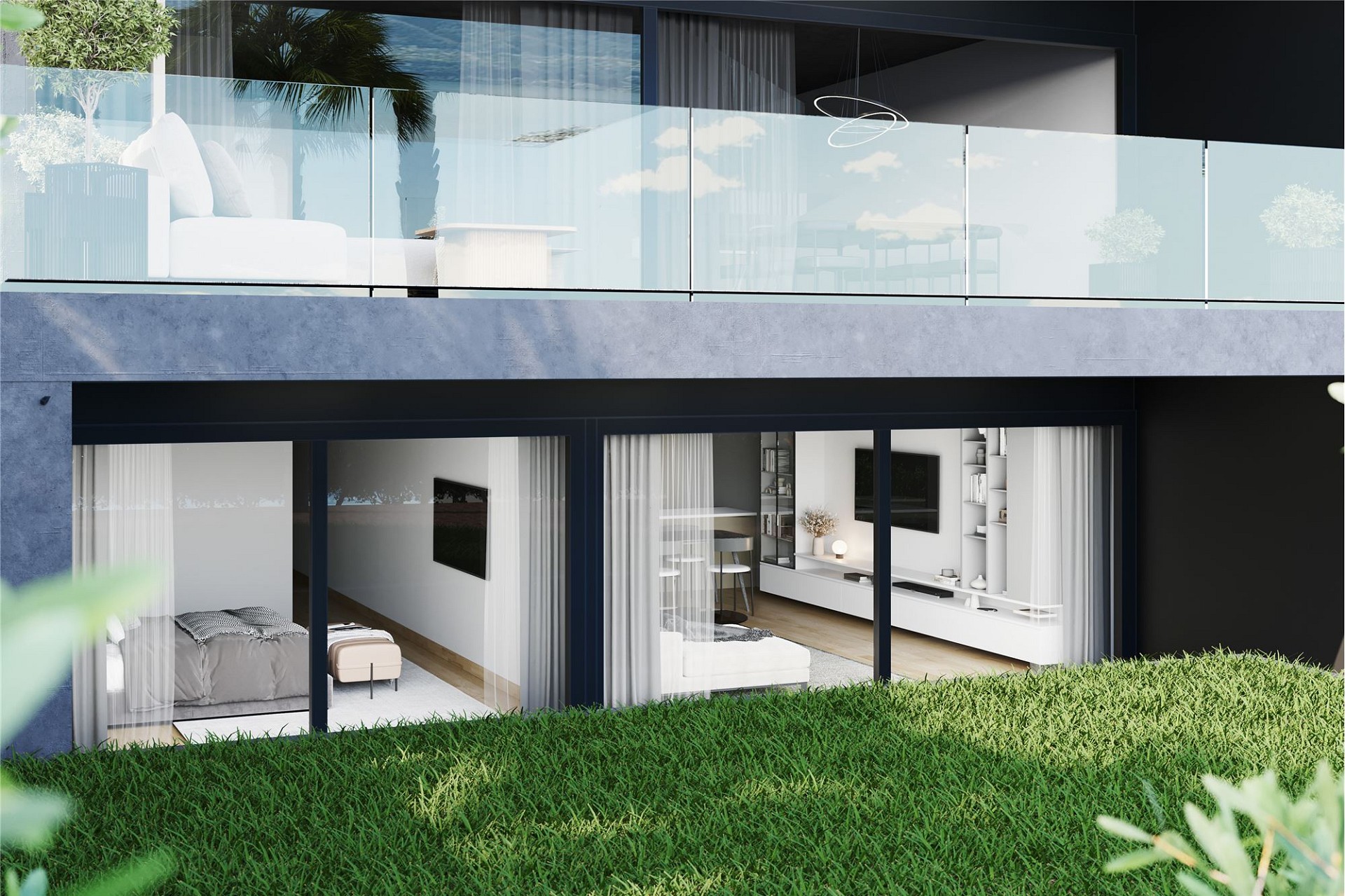 Modernes Haus mit Glasbalkon und Gartenblick