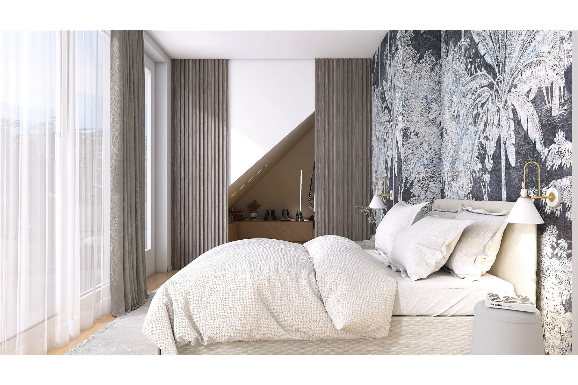 Helles Schlafzimmer mit Dachschräge und dekorativer Wandgestaltung