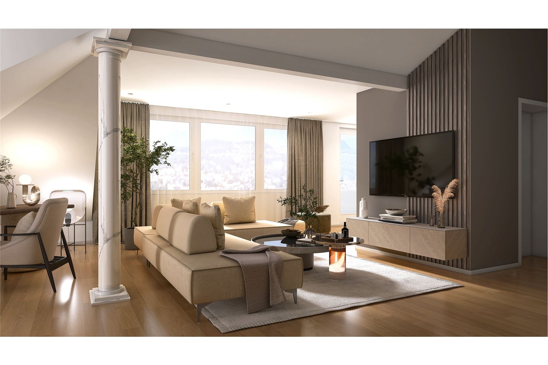 Helles, modernes Wohn- und Esszimmer mit Staging-Möbeln
