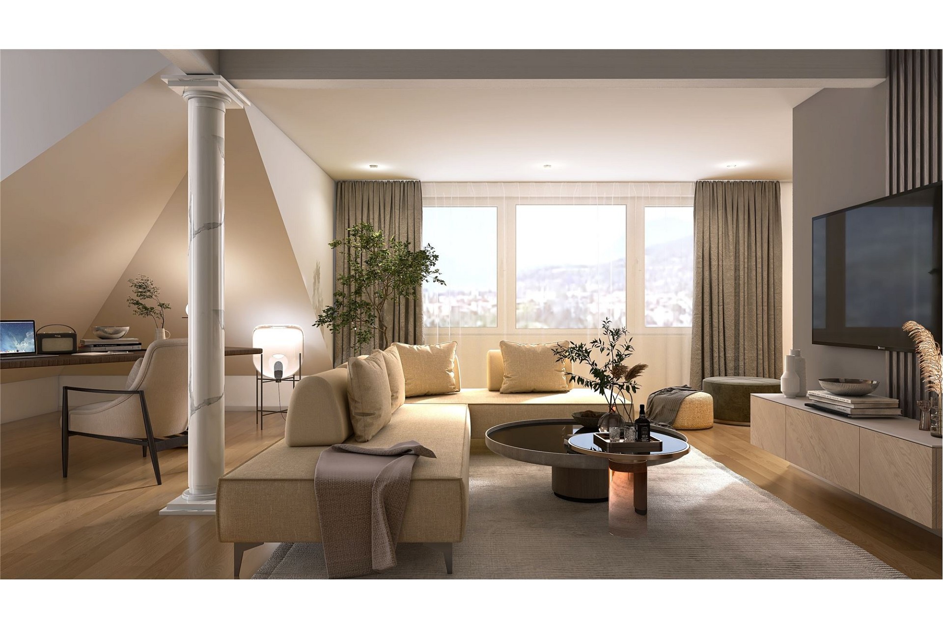Gemütliches Wohn-Esszimmer mit großen Fenstern