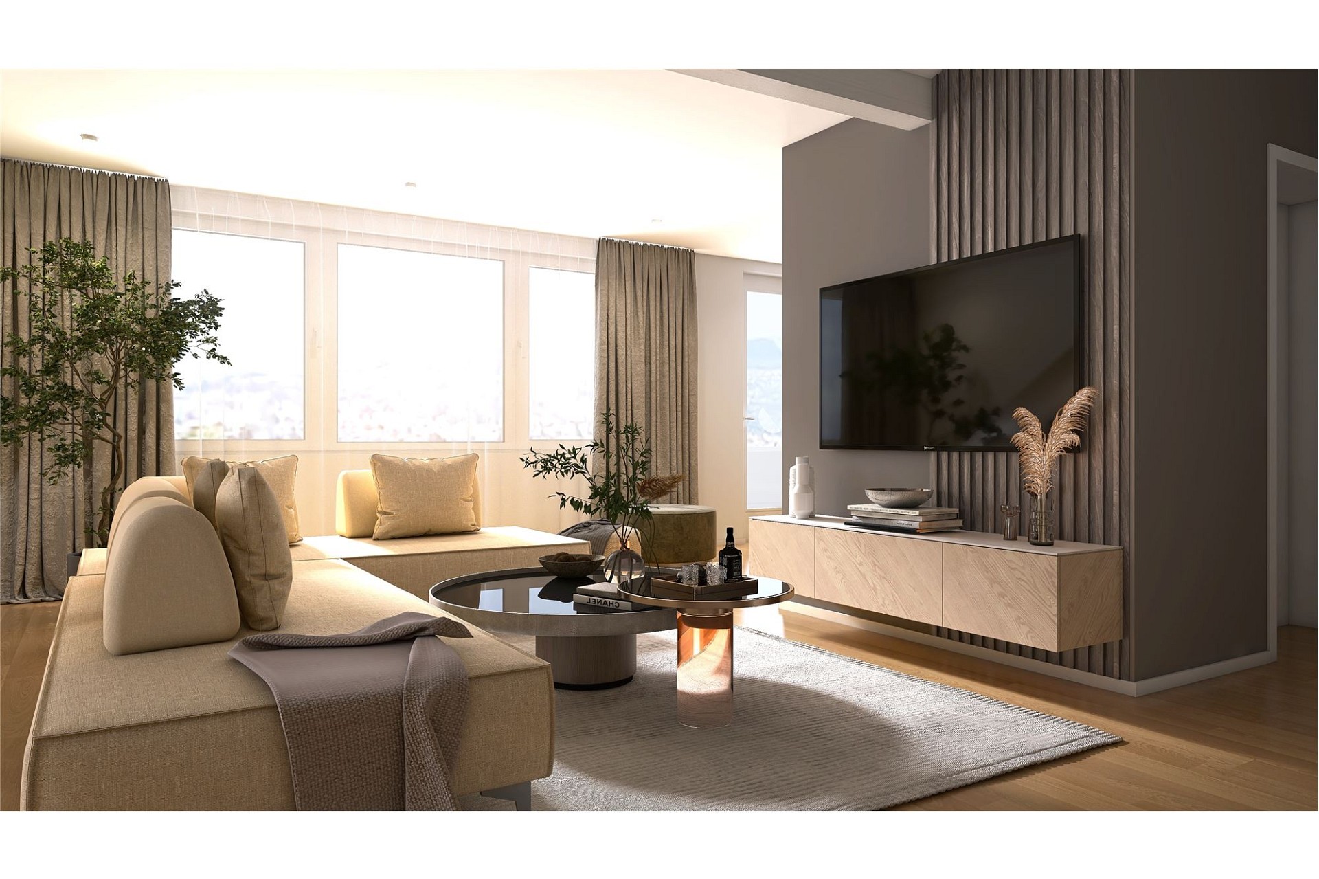 Helles, modernes Wohnzimmer mit TV-Wand und großer Fensterfront