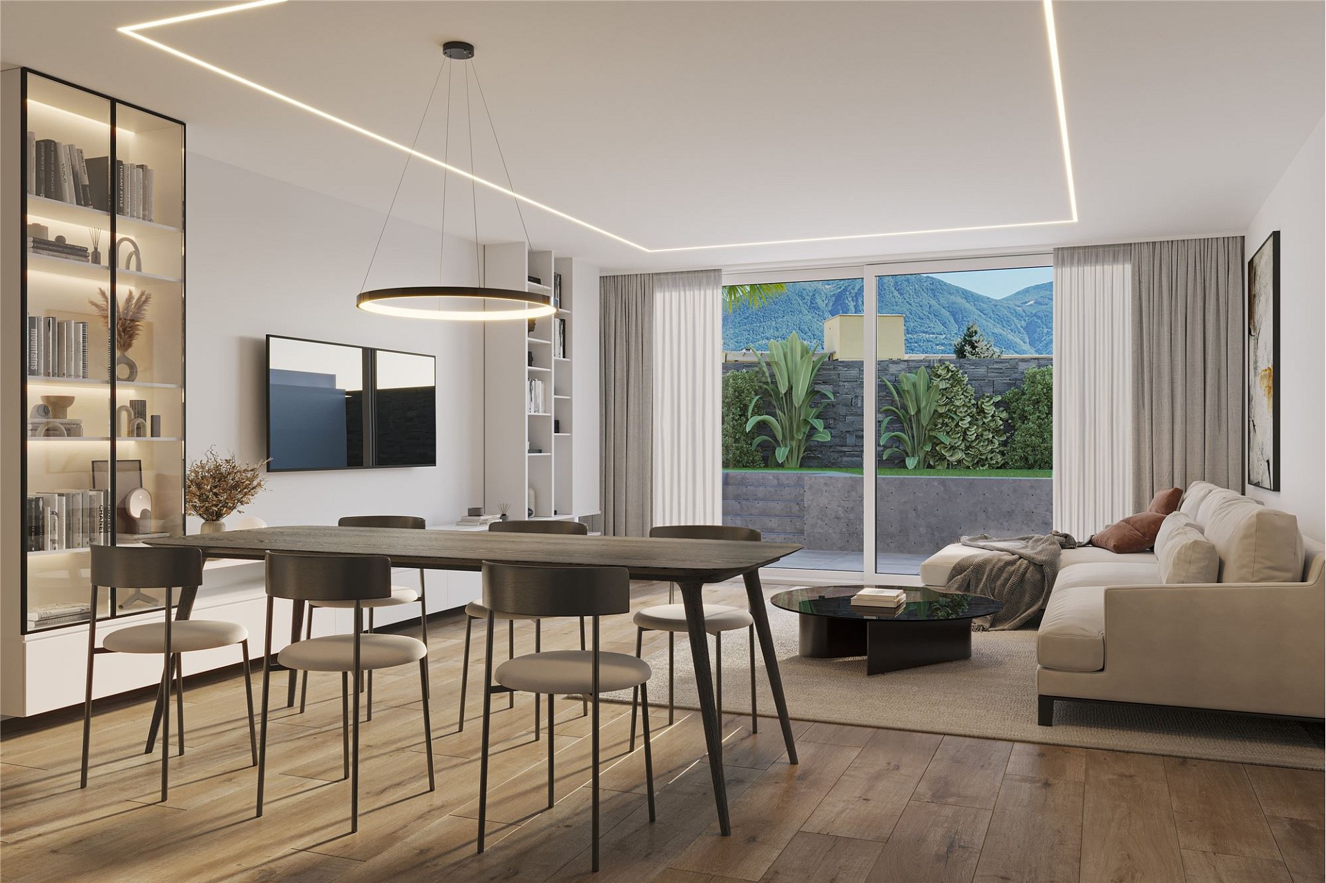 Modernes Wohn- und Esszimmer mit Ausblick
