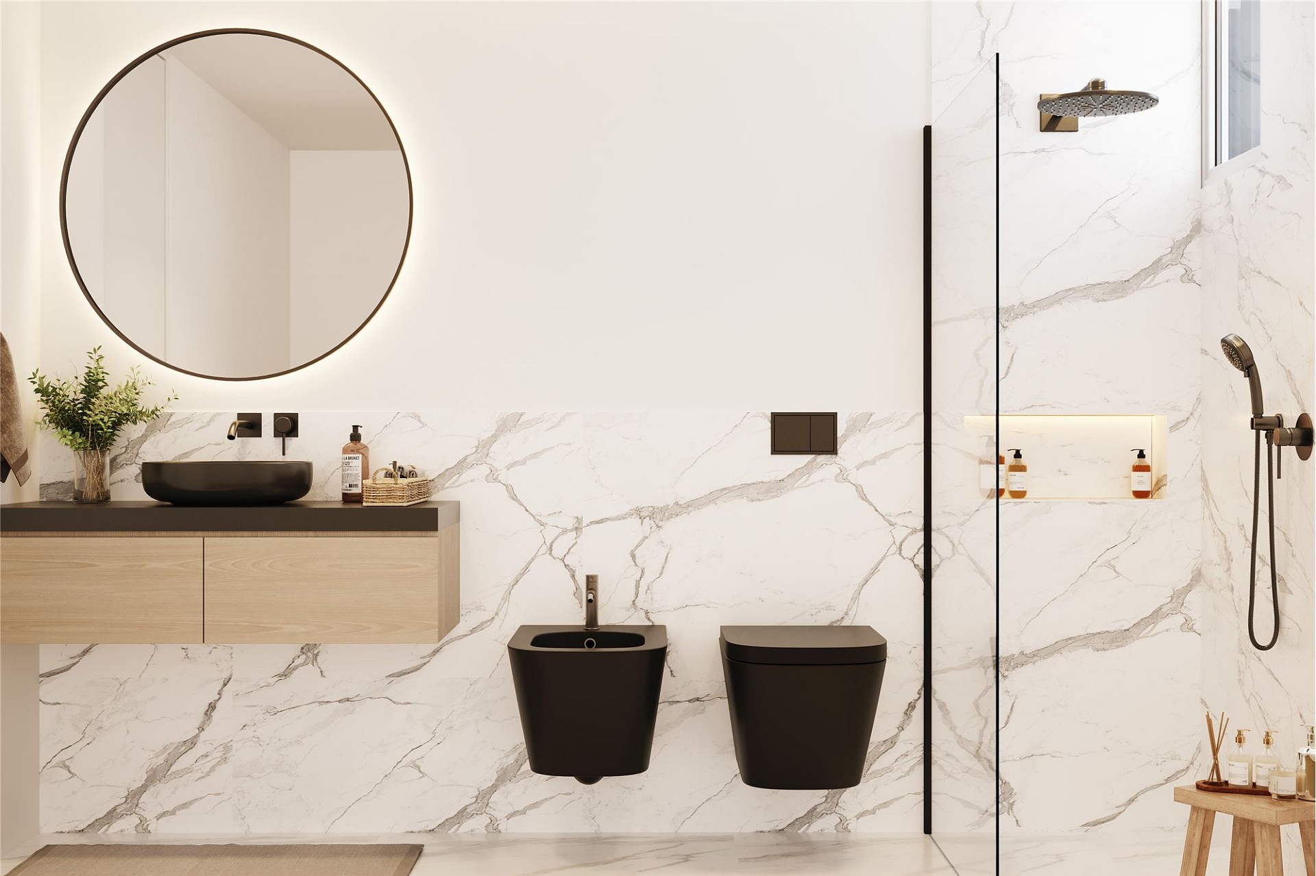 Modernes Badezimmer mit Doppelwaschbecken und begehbarer Dusche