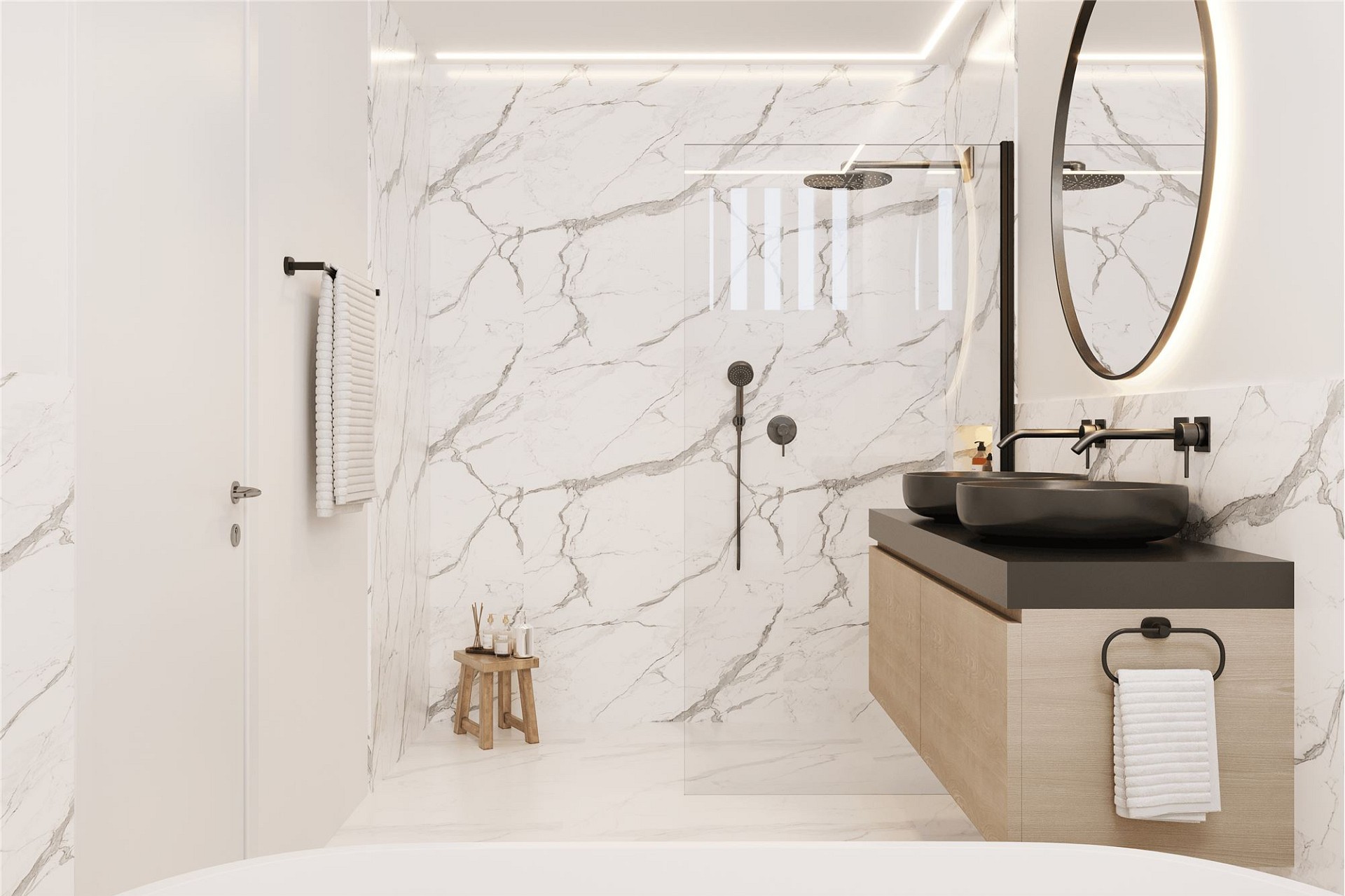 Modernes Badezimmer mit Walk-in-Dusche und Doppelwaschtisch