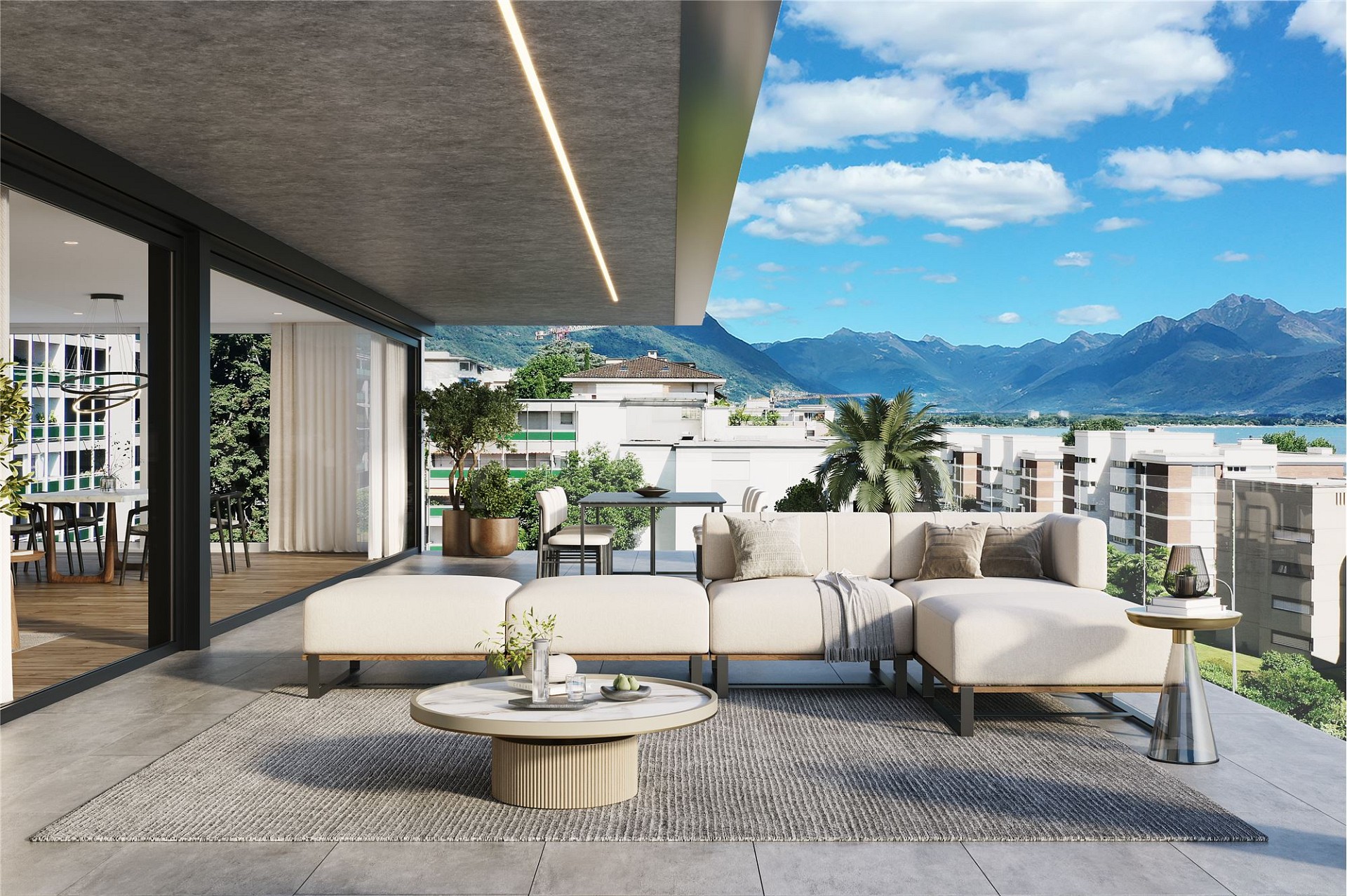 Luxuriöse Terrasse mit Berg- und Seeblick
