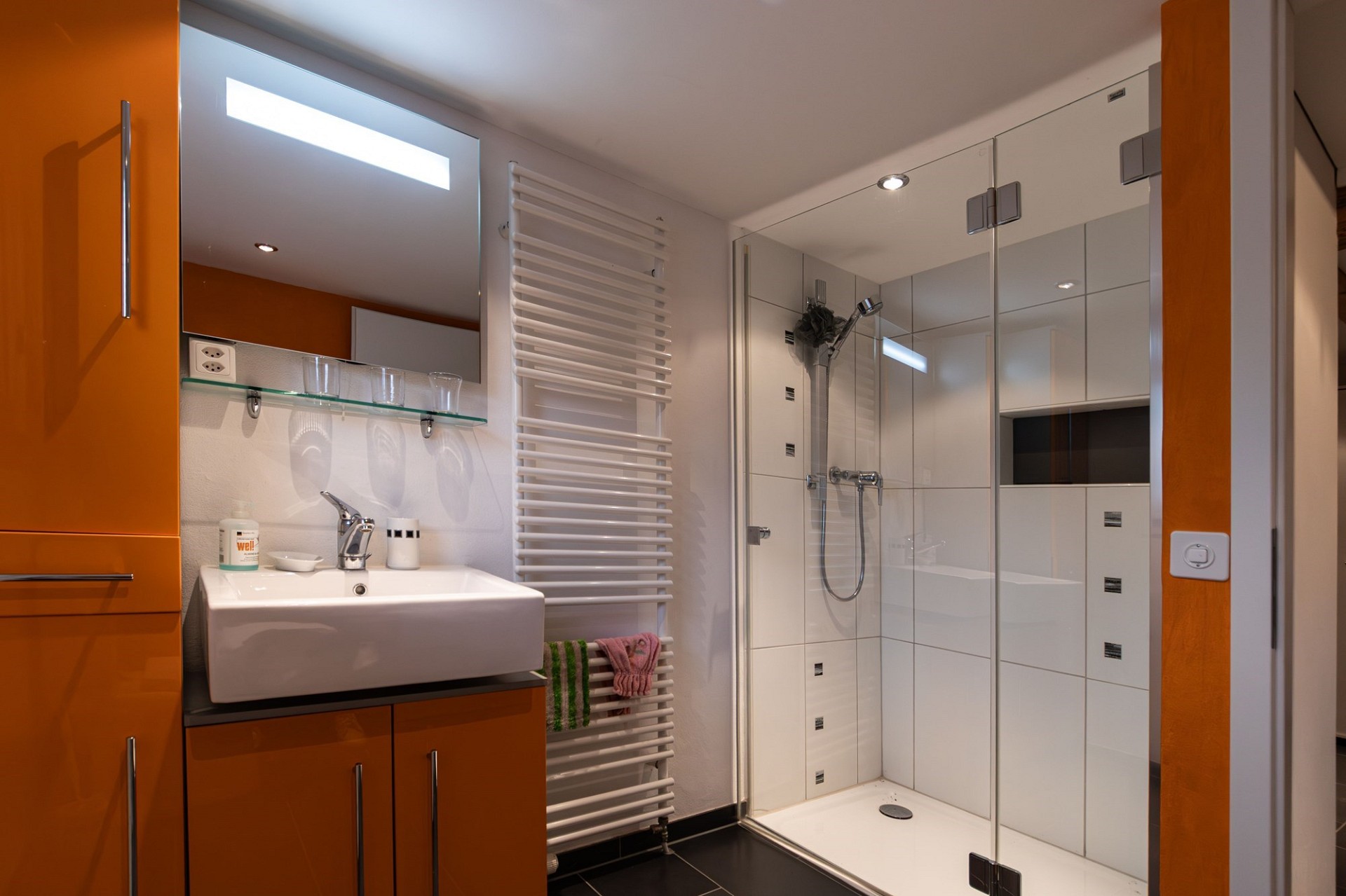 Modernes Badezimmer mit Dusche und Waschtisch