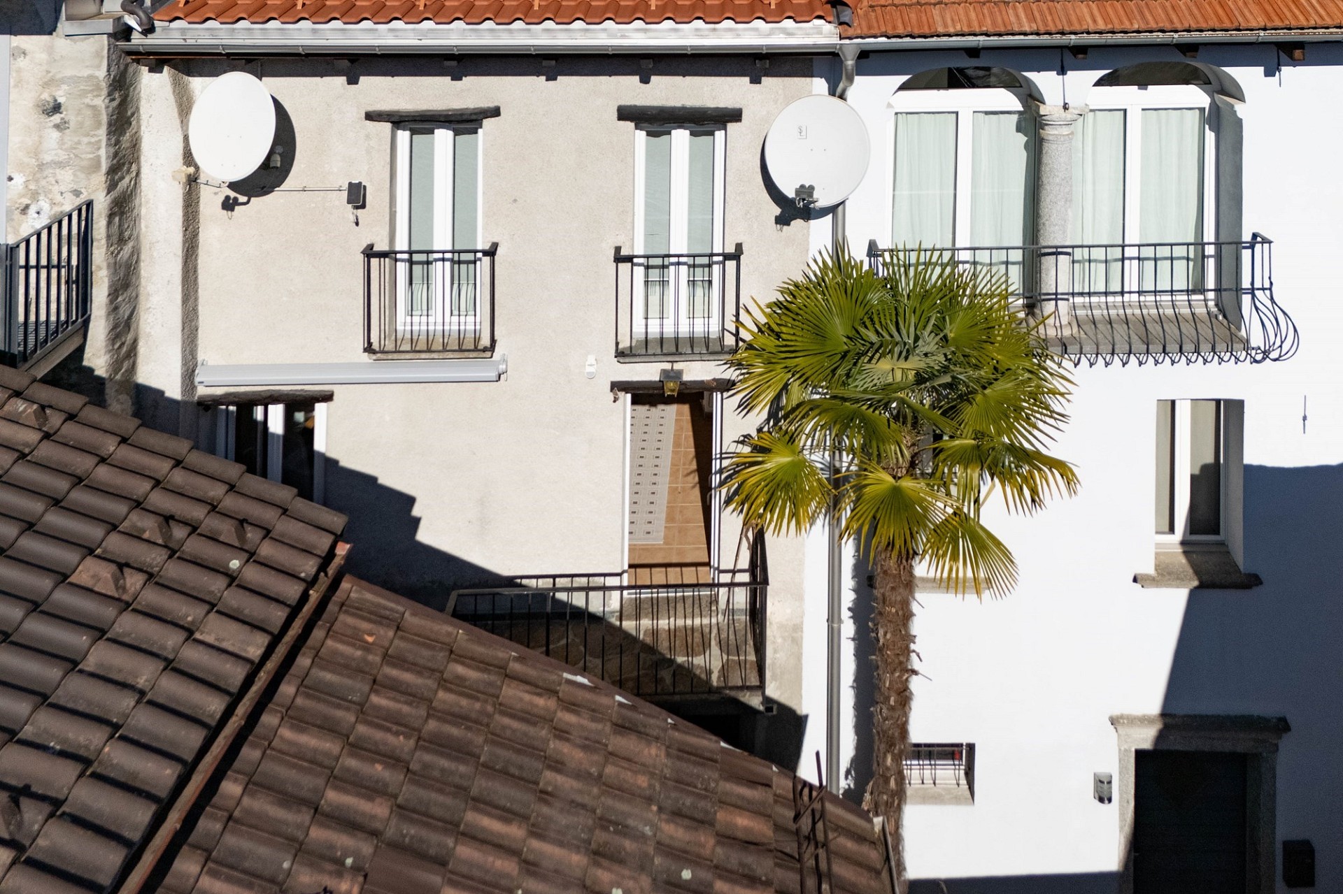 Außenansicht eines Wohngebäudes mit Balkon und Palmbaum