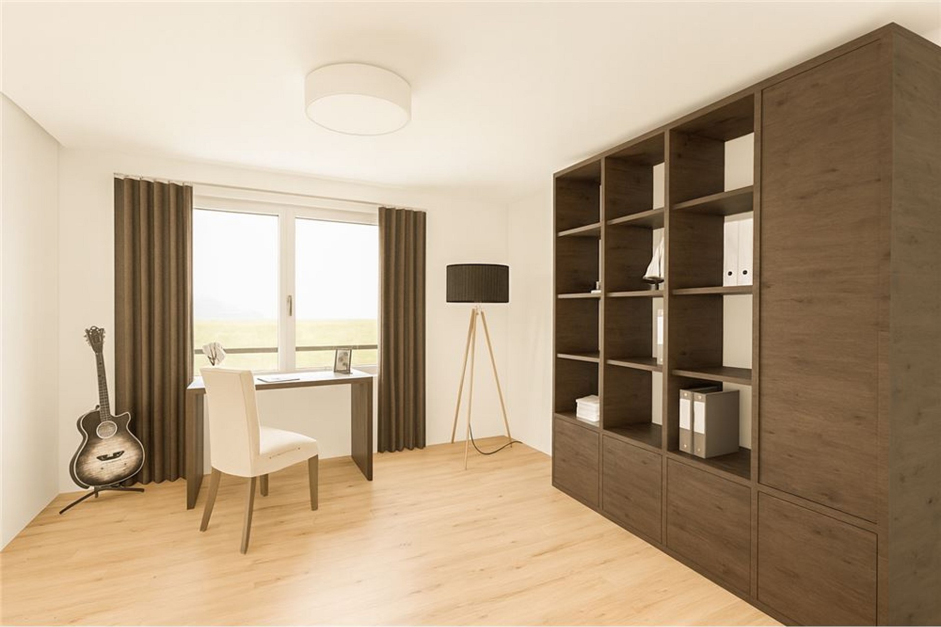 Helles Arbeitszimmer mit Holzregal