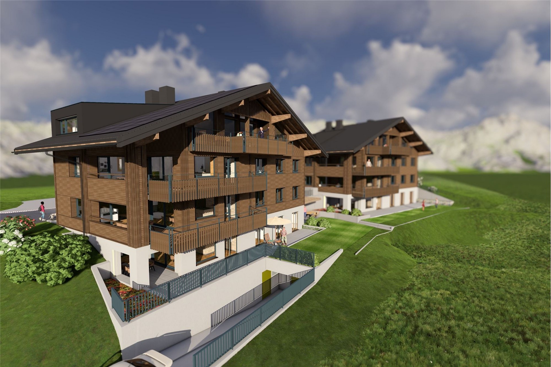 Alpennahe Mehrfamilienhäuser mit Holzfassade und Balkonen