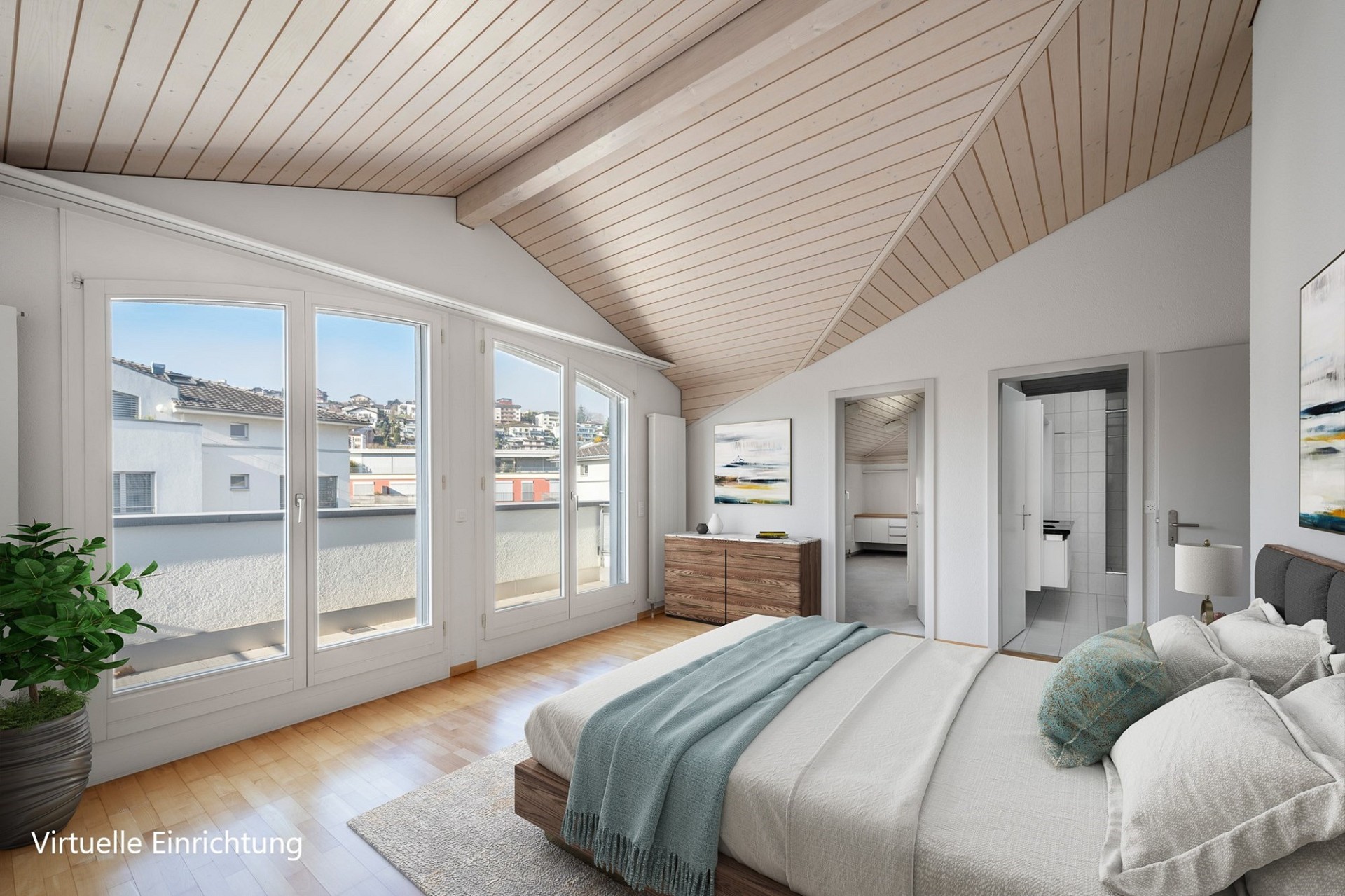 Helles Schlafzimmer mit Dachschräge und Balkonzugang
