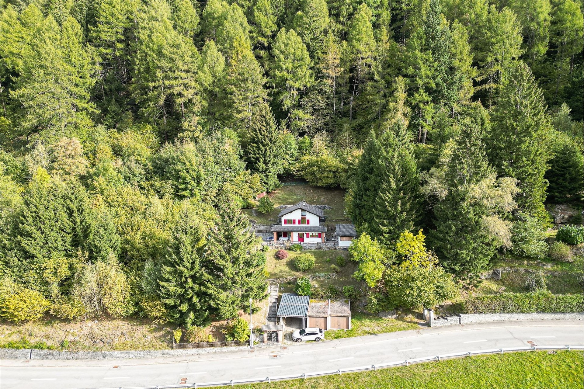 Berghaus in dichtem Wald