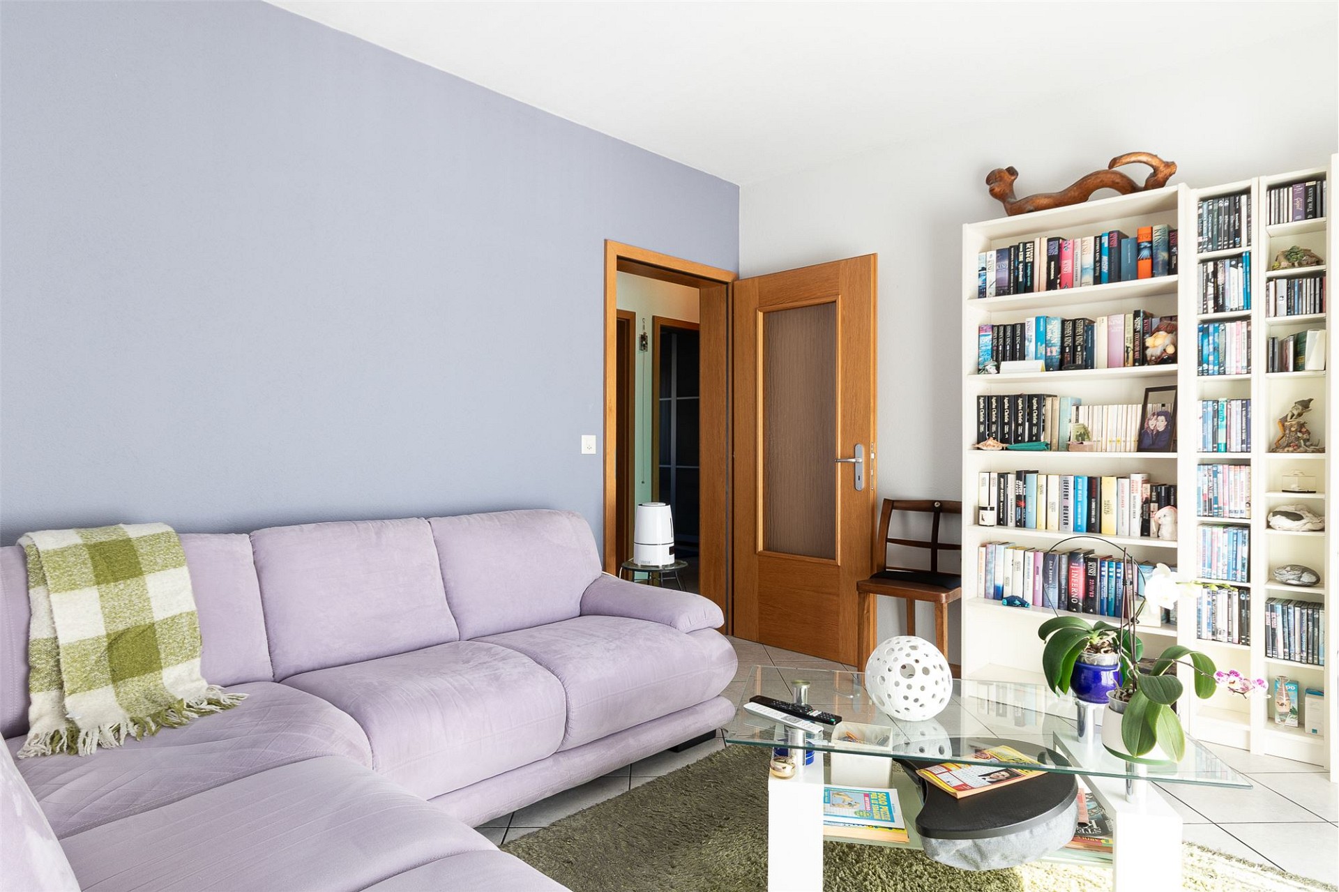 Wohnzimmer mit Sofa und Bücherregal