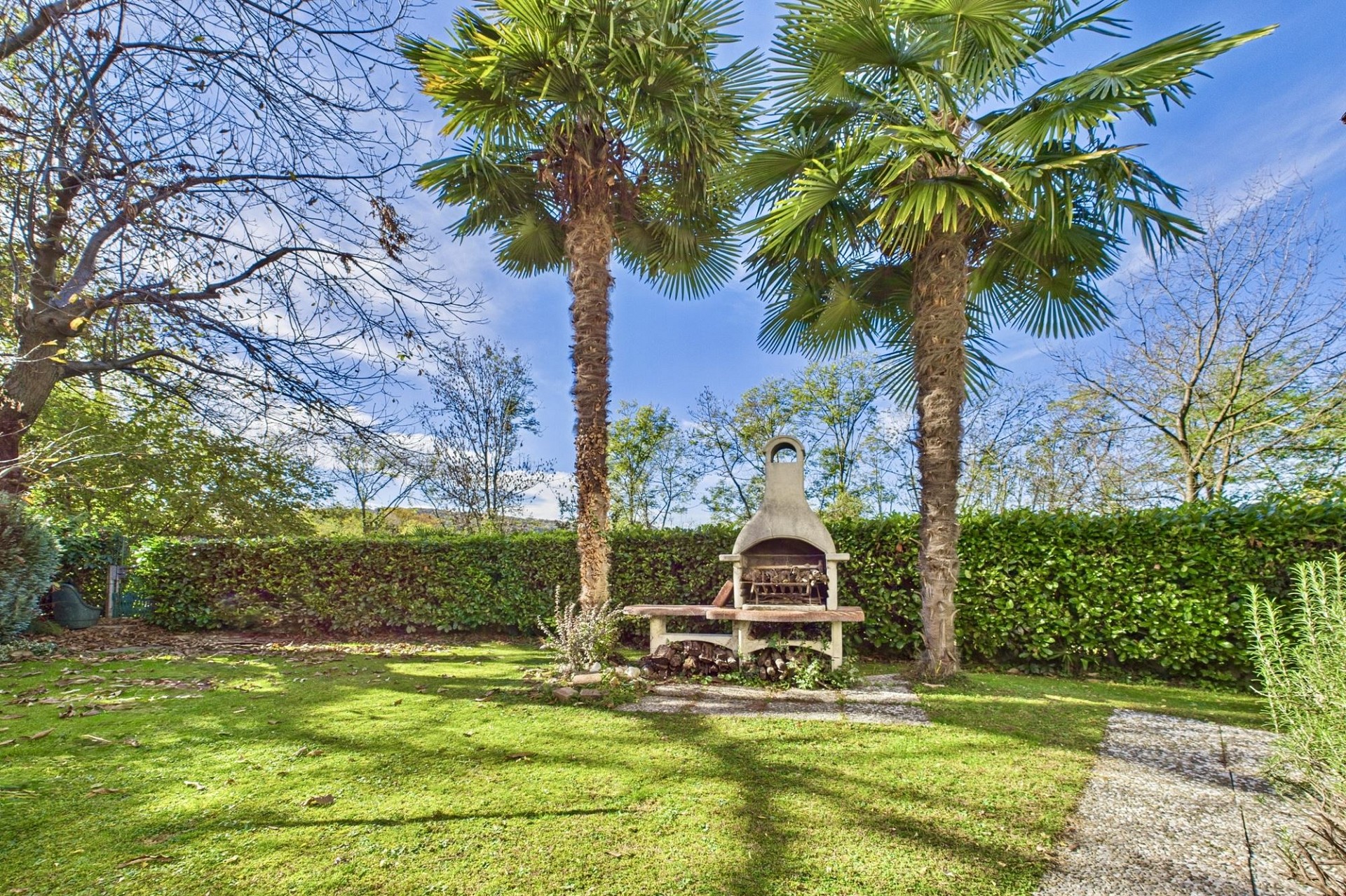 Garten mit Außenkamin und Palmen