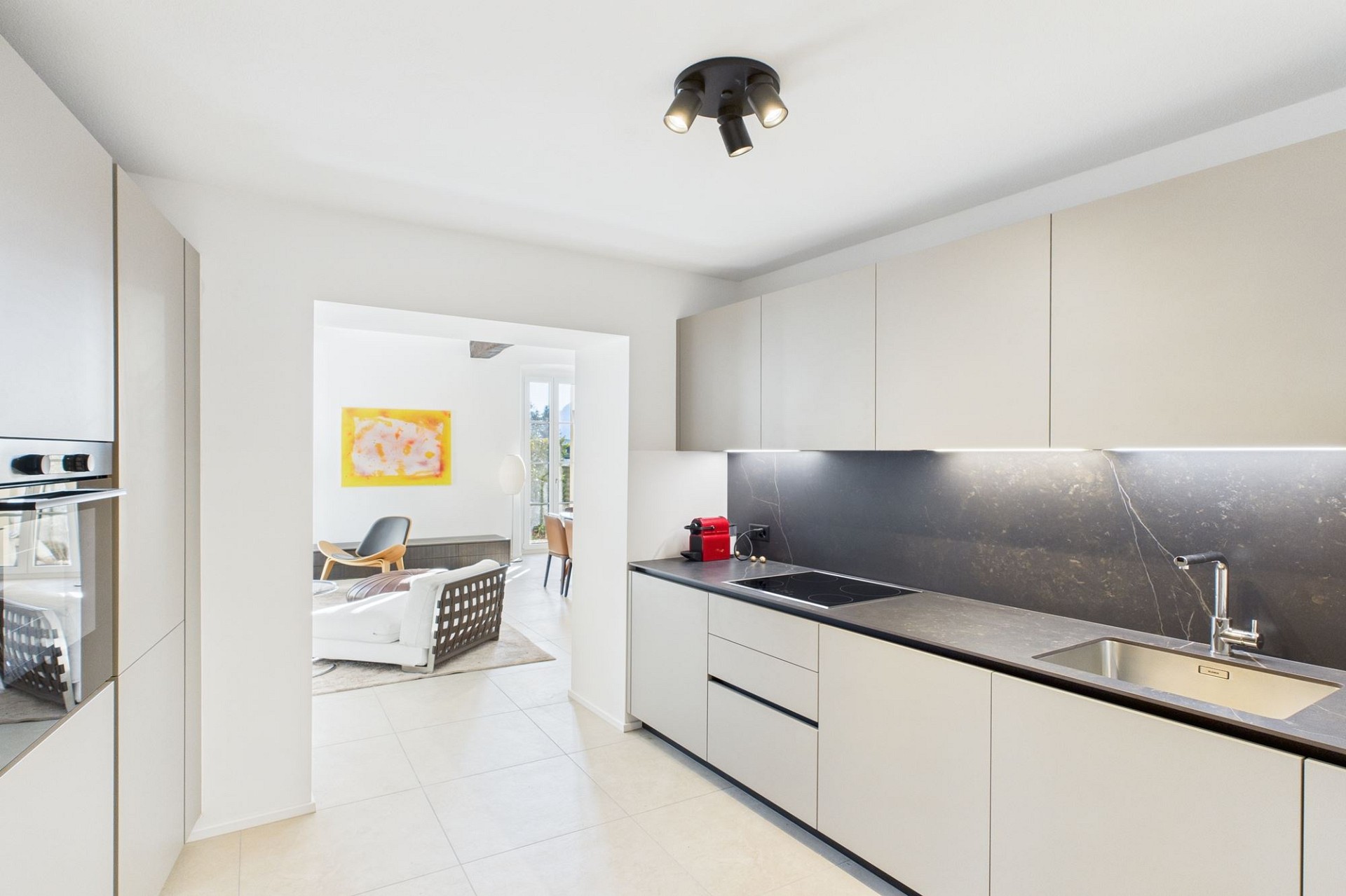 Moderne Einbauküche mit Blick ins Wohnzimmer