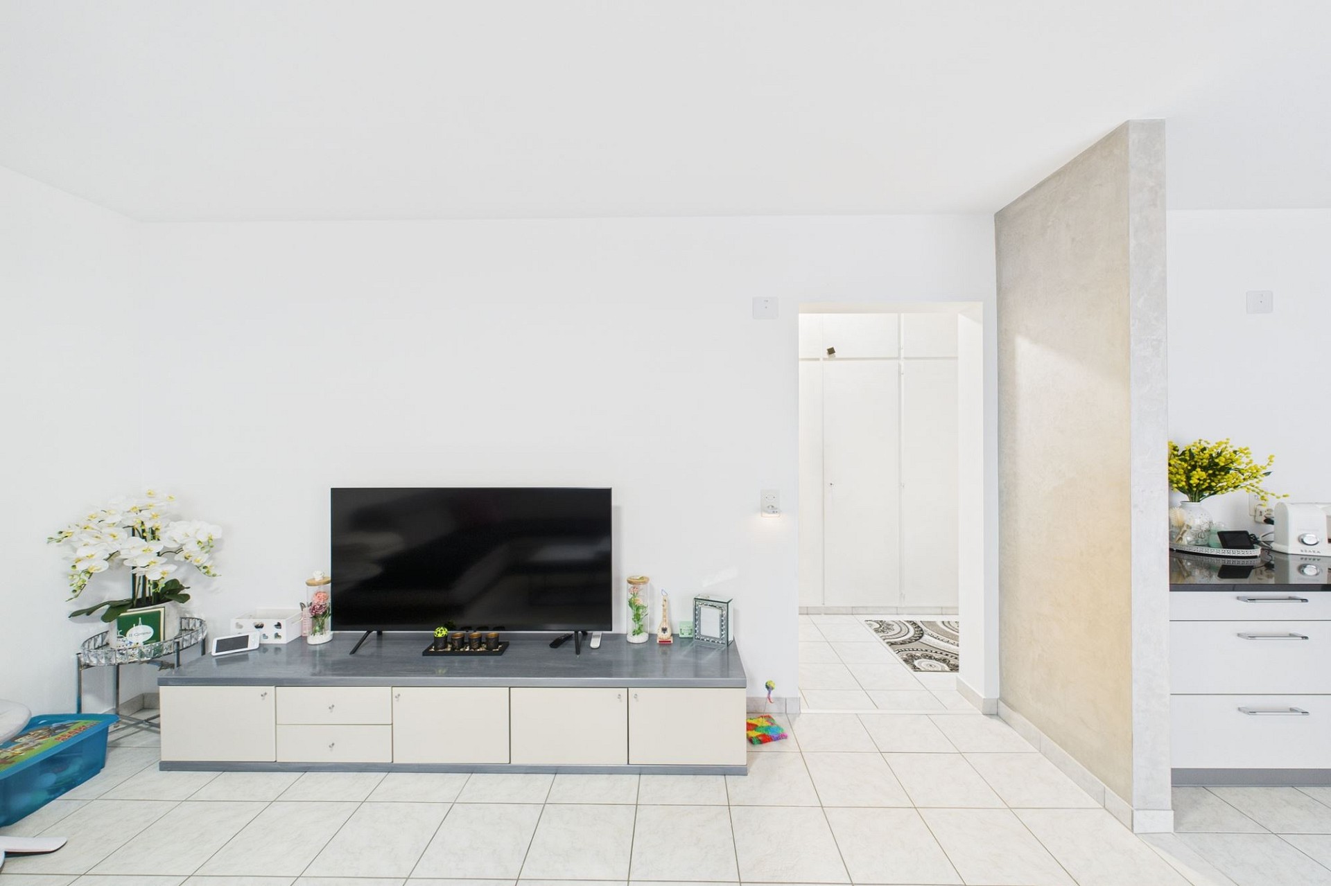 Heller Wohnraum mit TV und Durchgang