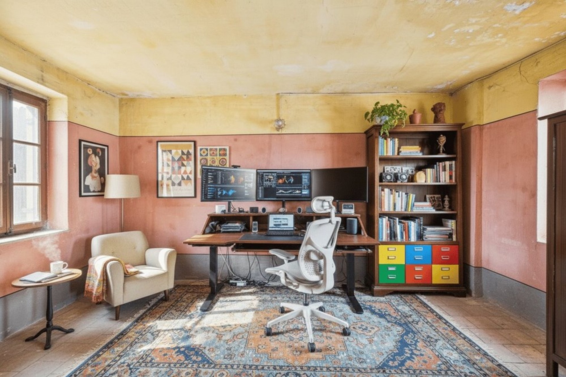 Arbeitszimmer mit Schreibtisch und Bücherregal
