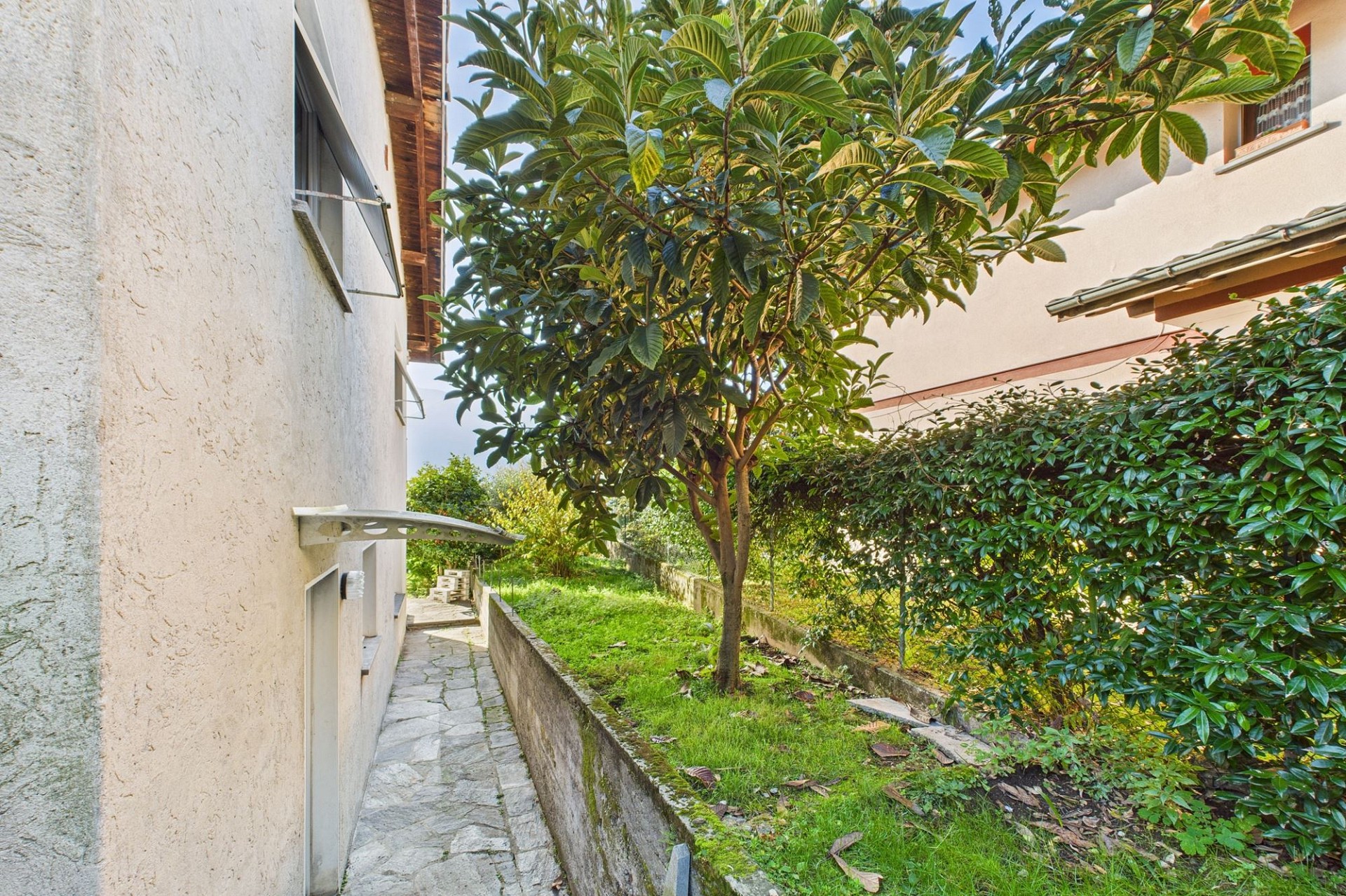 Seitlicher Gartenstreifen zwischen Wohngebäuden