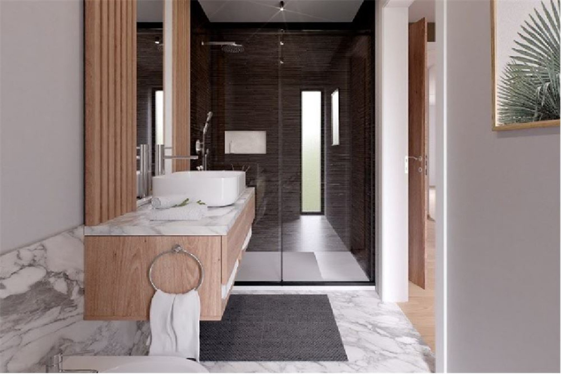 Modernes Badezimmer mit dunkler Dusche und Holzwaschtisch